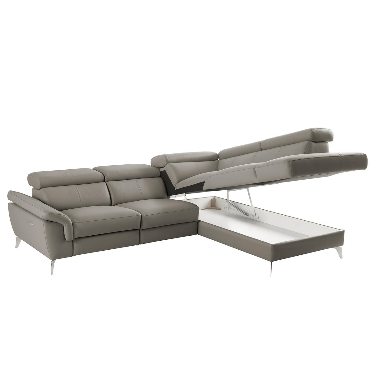 ECKSOFA SONO Schlammfarben Echtleder Lederlook Bettkasten, Armteilverstellung, Kopfteilverstellung  - Chromfarben/Schlammfarben, Design, Leder/Textil (265/210cm) - Livetastic