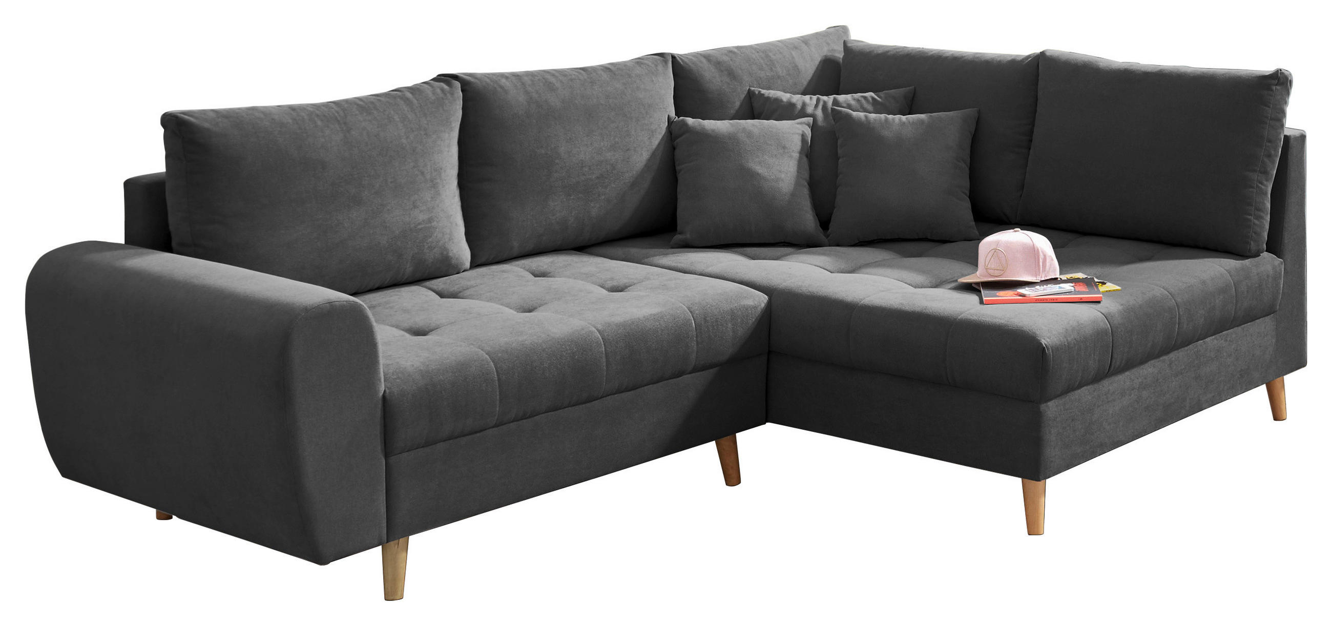 ECKSOFA Anthrazit Mikrovelours - Anthrazit/Kieferfarben, KONVENTIONELL, Holz/Textil (249/175cm) - MID.YOU