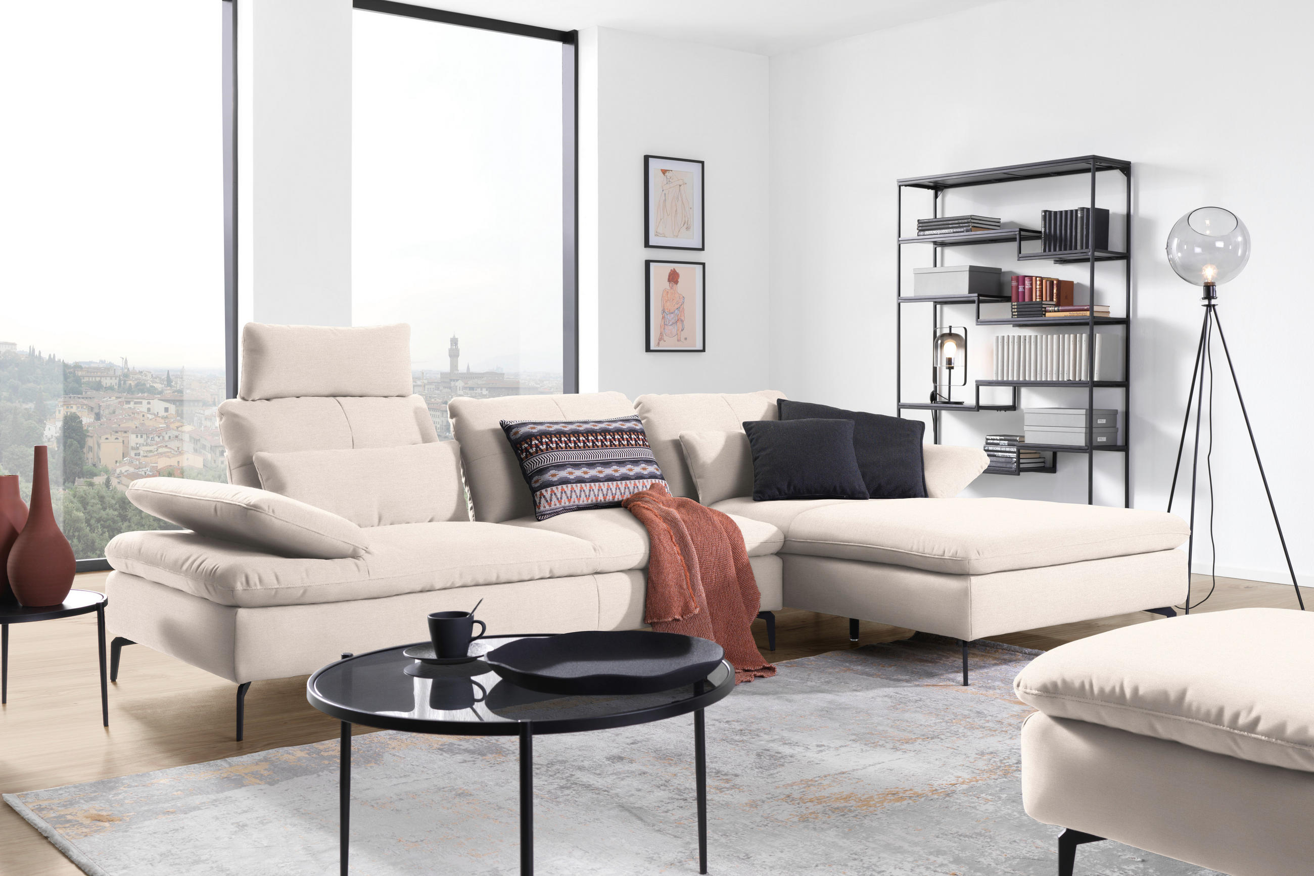ECKSOFA in Webstoff Creme  - Creme/Schwarz, Design, Textil/Metall (301/179cm) - Chilliano