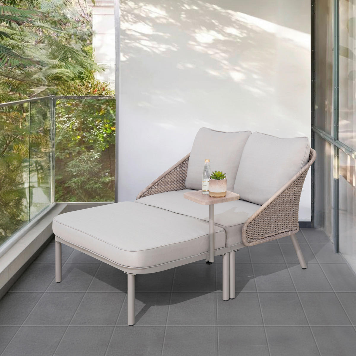 DOPPELLIEGE 142/82/128 cm Rattan  - Naturfarben/Grau, Basics, Holz/Kunststoff (142/82/128cm) - Modante