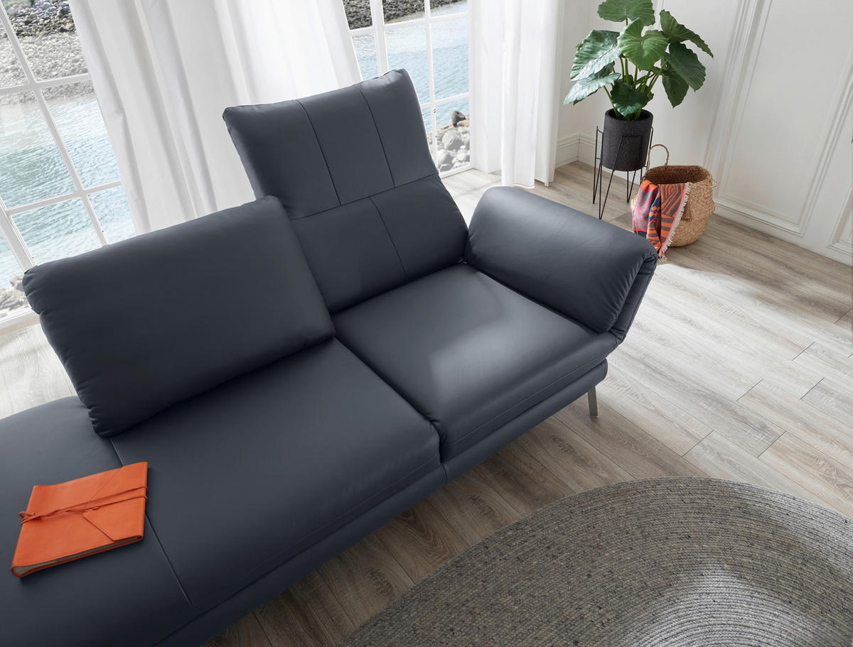 RÉCAMIERE Dunkelblau, Blaugrau Echtleder  - Chromfarben/Blaugrau, Design, Leder/Metall (209/85-109/95-16cm) - Dieter Knoll