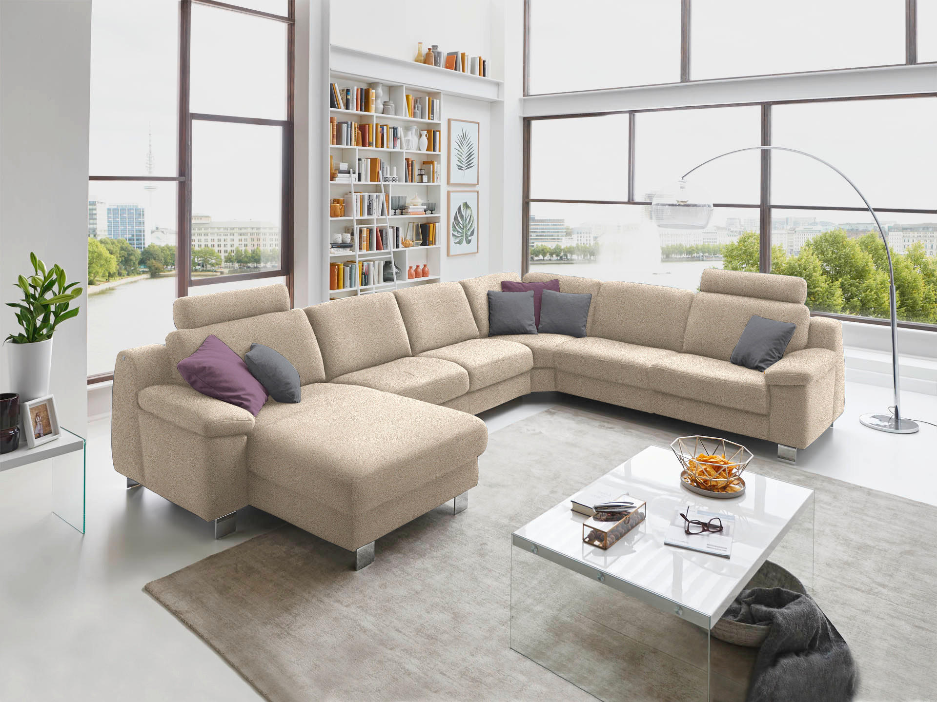 WOHNLANDSCHAFT in Mikrofaser Naturfarben, Sandfarben  - Sandfarben/Chromfarben, Design, Textil/Metall (166/364/278cm) - Valdera