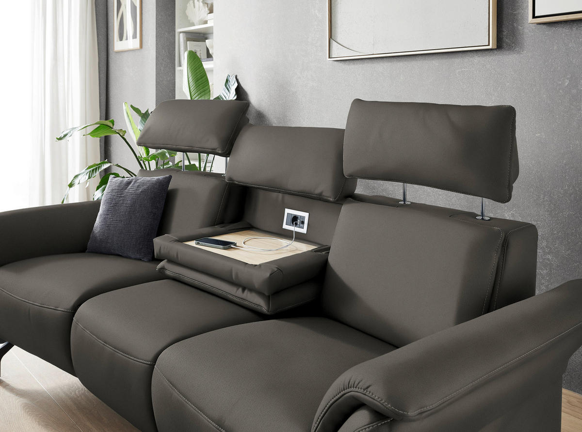 TRAPEZSOFA in Echtleder Dunkelgrau  - Dunkelgrau/Schwarz, KONVENTIONELL, Leder/Metall (221/103/95cm) - Dieter Knoll