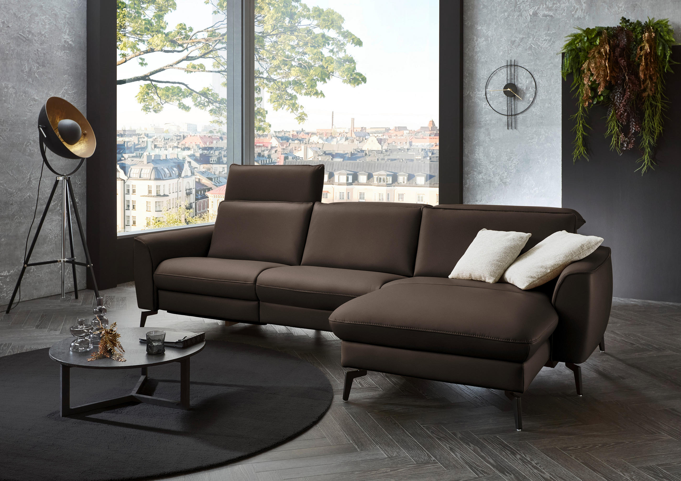 ECKSOFA in Echtleder Dunkelbraun  281/168 cm  - Dunkelbraun/Schwarz, Natur, Leder/Metall (281/168cm) - Valdera