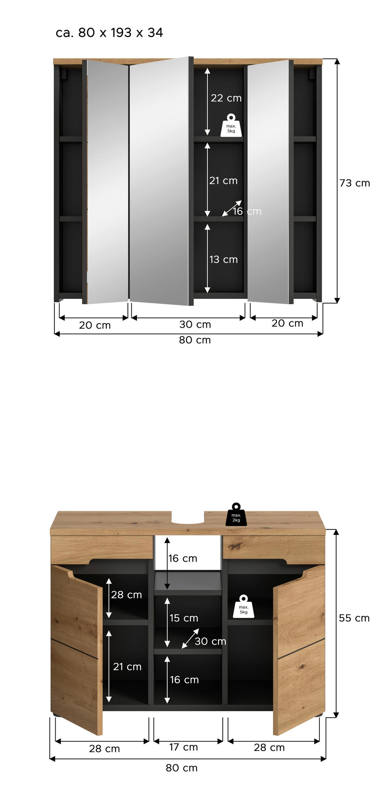 BADEZIMMER 2-teilig  in 80 cm  - Schwarz/Eiche Artisan, MODERN, Glas/Holzwerkstoff (80cm) - MID.YOU