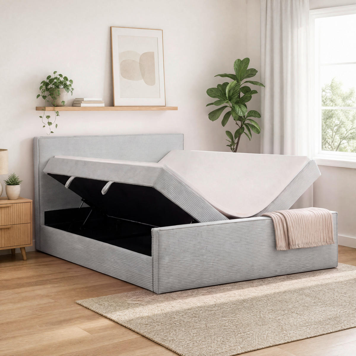 BOXBETT 180/200 cm,  in Hellgrau, gepolstertes Kopfteil, Bettkasten, Topper, Matratzen, H3 + H3 = fest  - Hellgrau/Schwarz, Basics, Kunststoff/Textil (180/200cm) - Chameo