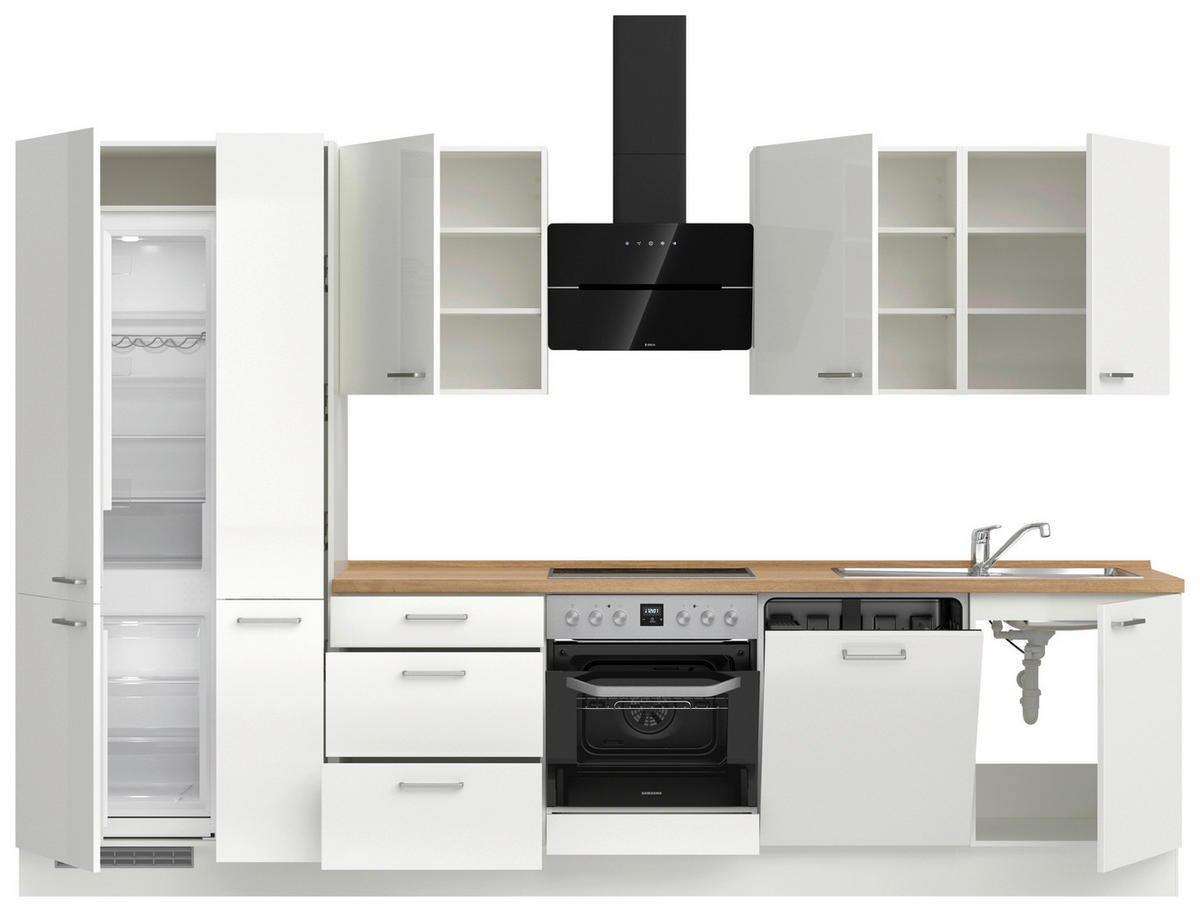 KÜCHENLEERBLOCK 330 cm   in Eichefarben, Weiß Hochglanz  - Edelstahlfarben/Eichefarben, MODERN, Holzwerkstoff/Metall (330cm) - Nobilia