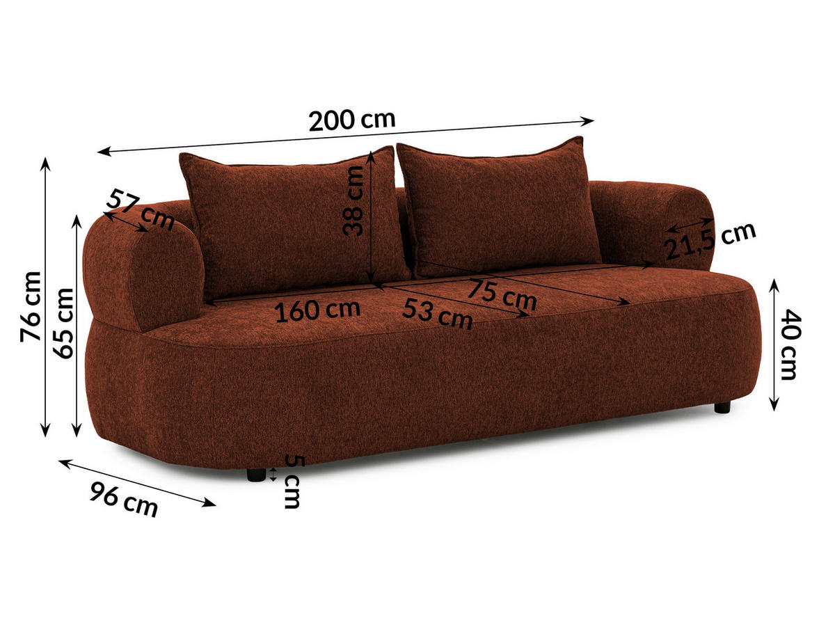 3-SITZER-SOFA Chenille Rostfarben  - Rostfarben/Schwarz, Design, Kunststoff/Textil (200/76/96cm) - Livetastic