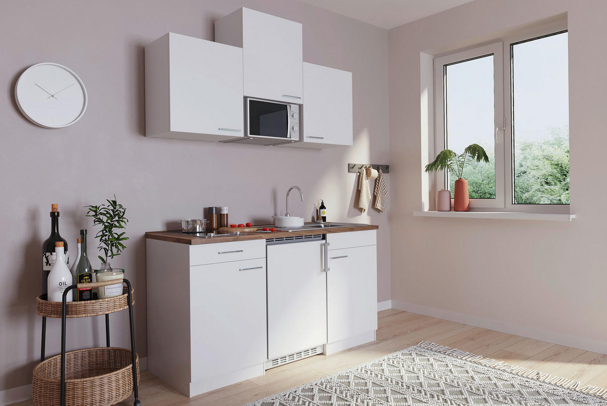 MINIKÜCHE 150 cm   in Weiss  - Weiss/Edelstahlfarben, Basics, Holzwerkstoff/Kunststoff (150cm) - Respekta