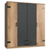 GARDEROB 180/199/58 cm 4-dörrar - grafitfärgad/ek planka, Trend, trämaterial/plast (180/199/58cm) - Carryhome