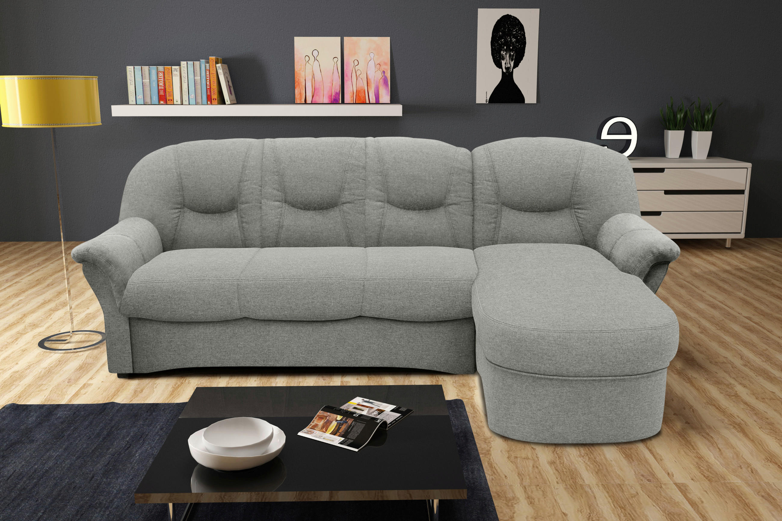 ECKSOFA Silberfarben Webstoff  - Silberfarben/Schwarz, KONVENTIONELL, Kunststoff/Textil (233/142cm) - MID.YOU