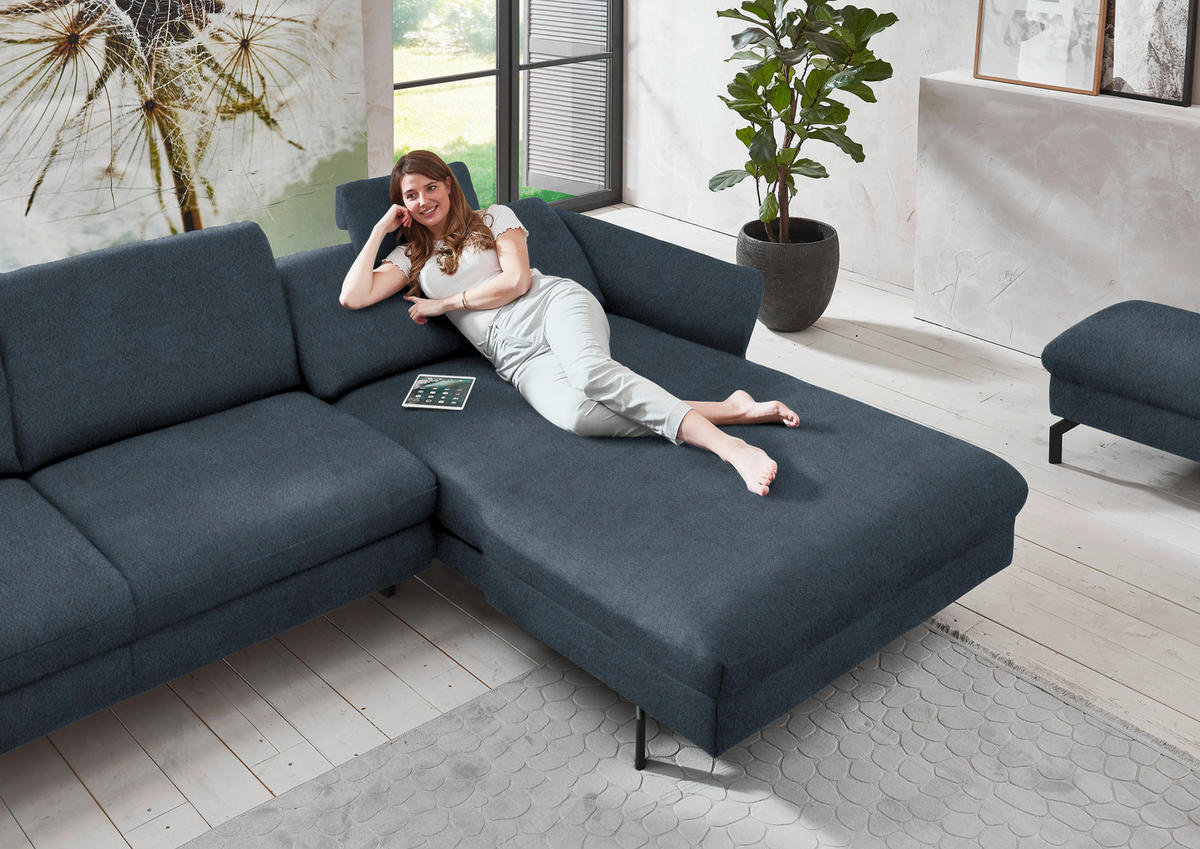 ECKSOFA in Velours Blaugrau  - Blaugrau/Schwarz, Design, Textil/Metall (306/179cm) - Beldomo System