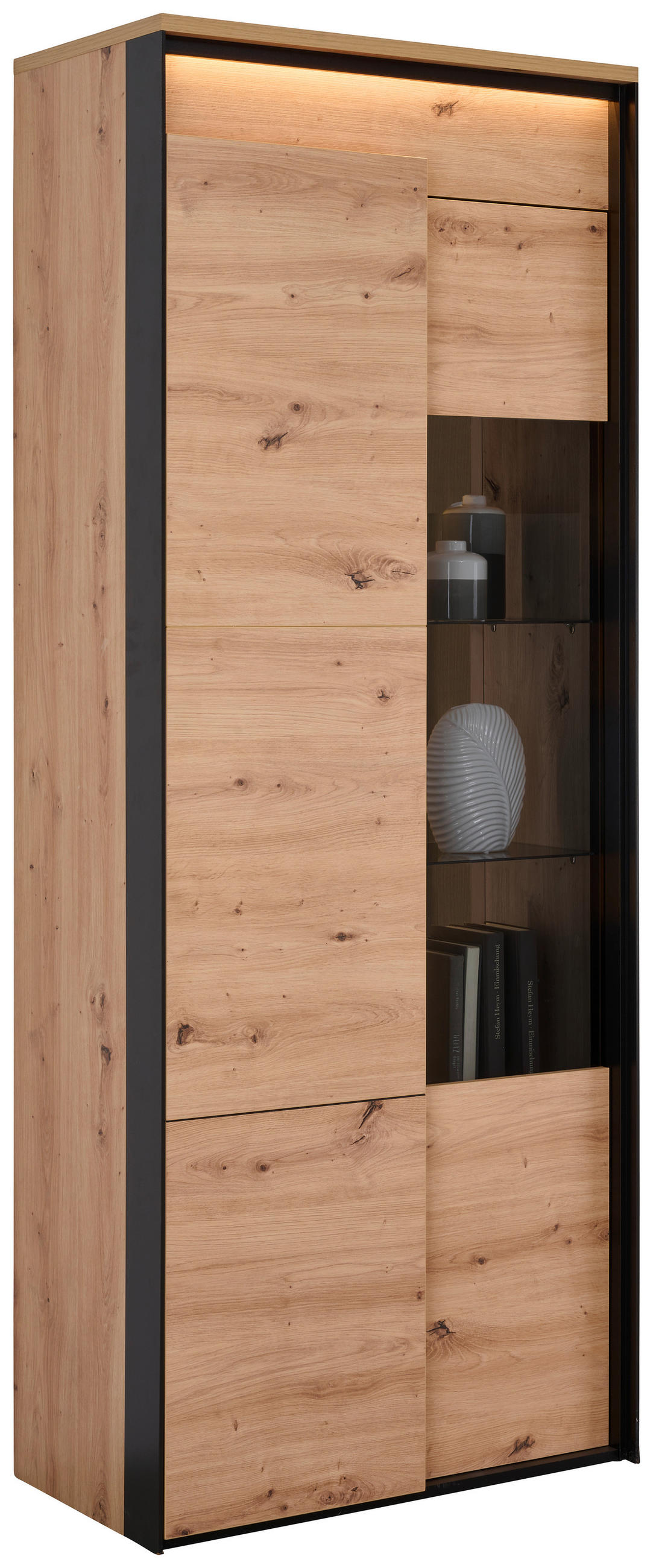 VITRINE Schwarz, Eiche Artisan  76/200/41 cm  - Schwarz/Eiche Artisan, Design, Glas/Holzwerkstoff (76/200/41cm) - Hom`in