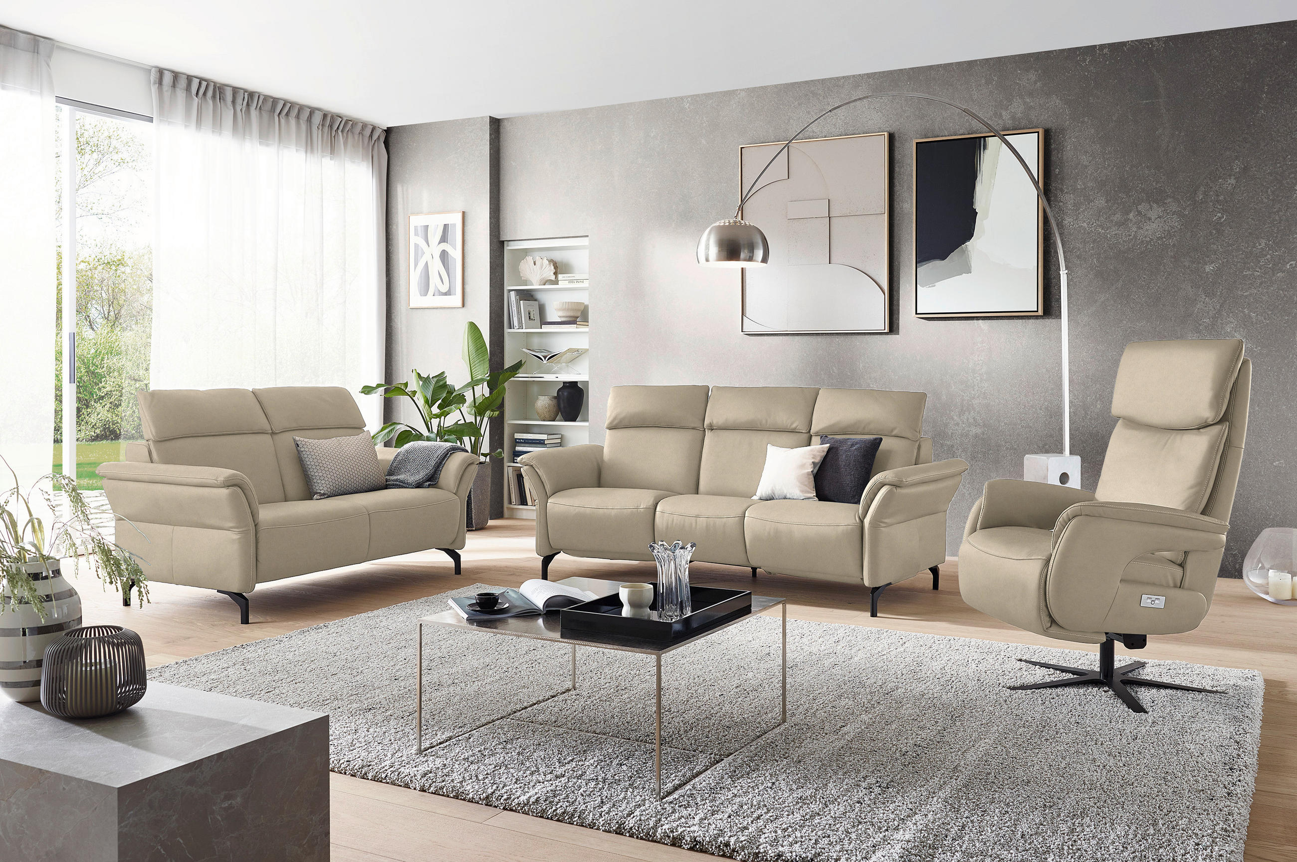 TRAPEZSOFA Echtleder Ecru  - Ecru/Schwarz, KONVENTIONELL, Leder/Metall (221/103/95cm) - Dieter Knoll