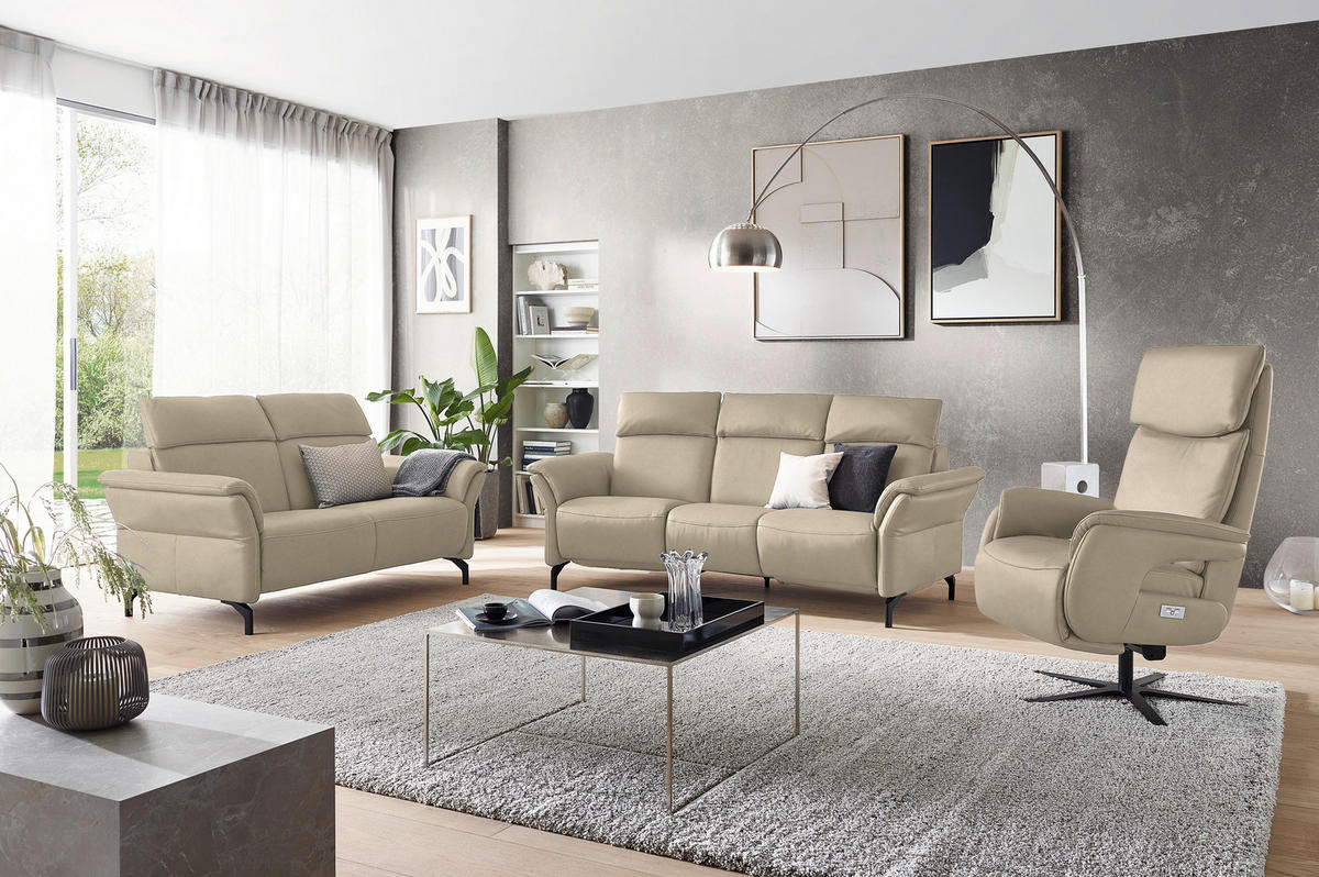 TRAPEZSOFA in Echtleder Ecru  - Ecru/Schwarz, Konventionell, Leder/Metall (221/103/95cm) - Dieter Knoll