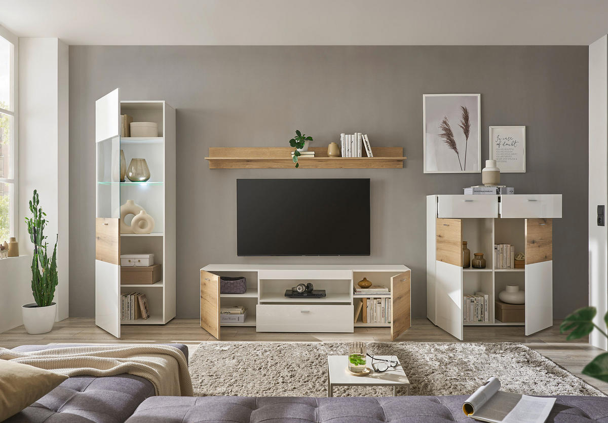 REGAL ZA DNEVNI BORAVAK bijela, boje hrasta, bijela visoki sjaj   - bijela/srebrne boje, Design, staklo/drvni materijal (310/195/40cm) - Carryhome