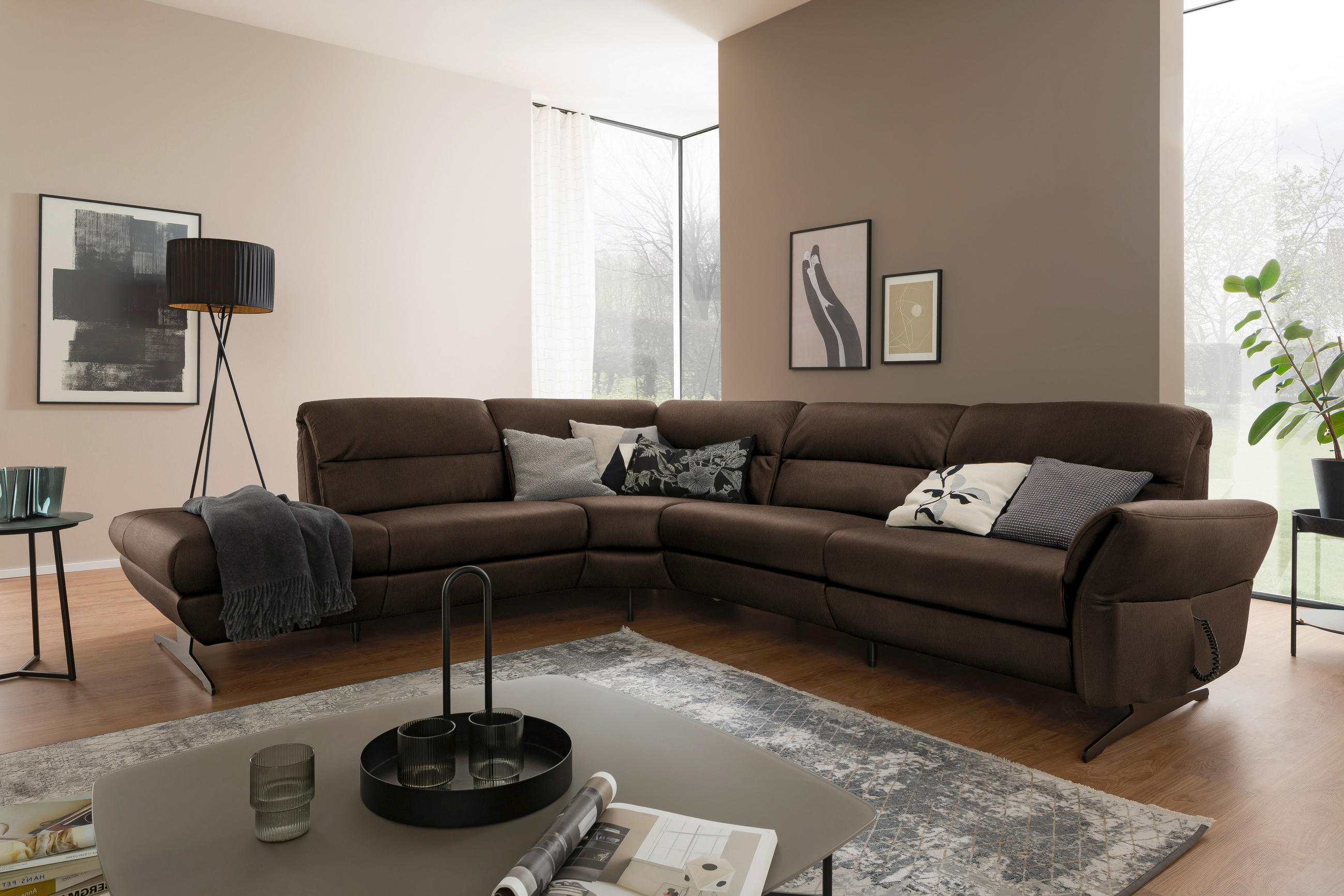 ECKSOFA in Echtleder Braun  258/286 cm  - Schwarz/Braun, Design, Leder/Metall (258/286cm) - Schöner Wohnen