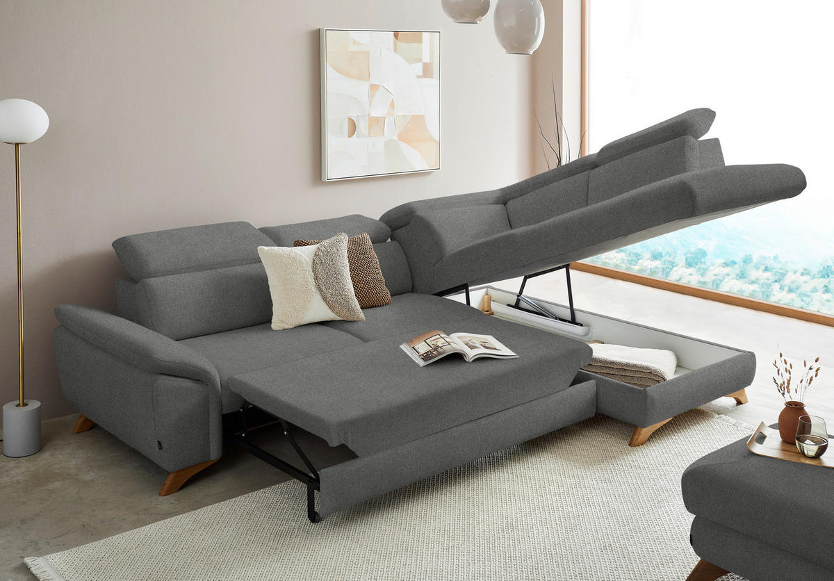 ECKSOFA in Flachgewebe Grau  - Eichefarben/Grau, Modern, Holz/Textil (287/212cm) - Valnatura