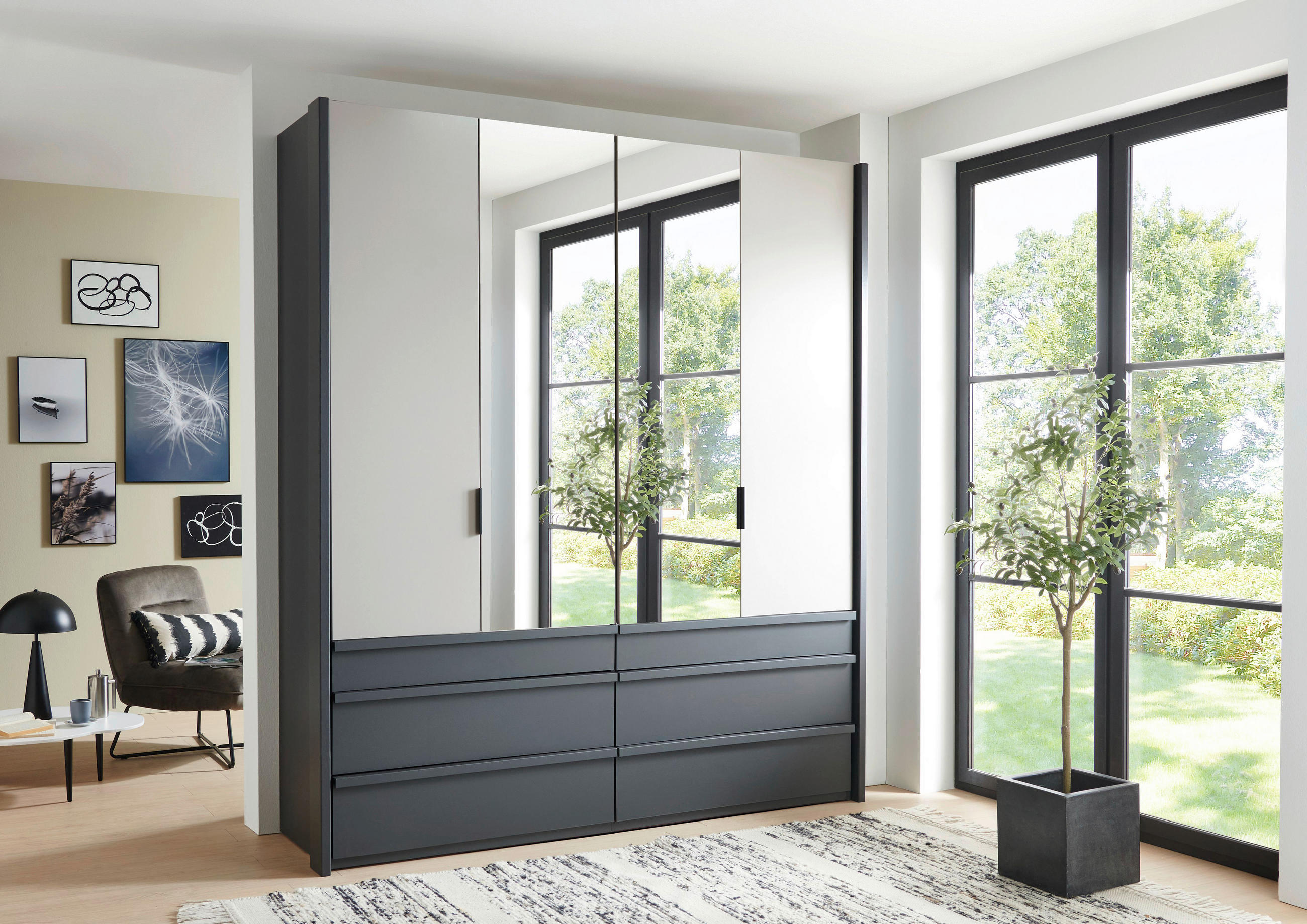 FALTTÜRENSCHRANK 200/236/58 cm 4-türig Graphitfarben, Grau, Sahara  - Schwarz/Graphitfarben, Design, Glas/Holzwerkstoff (200/236/58cm) - Boxxx
