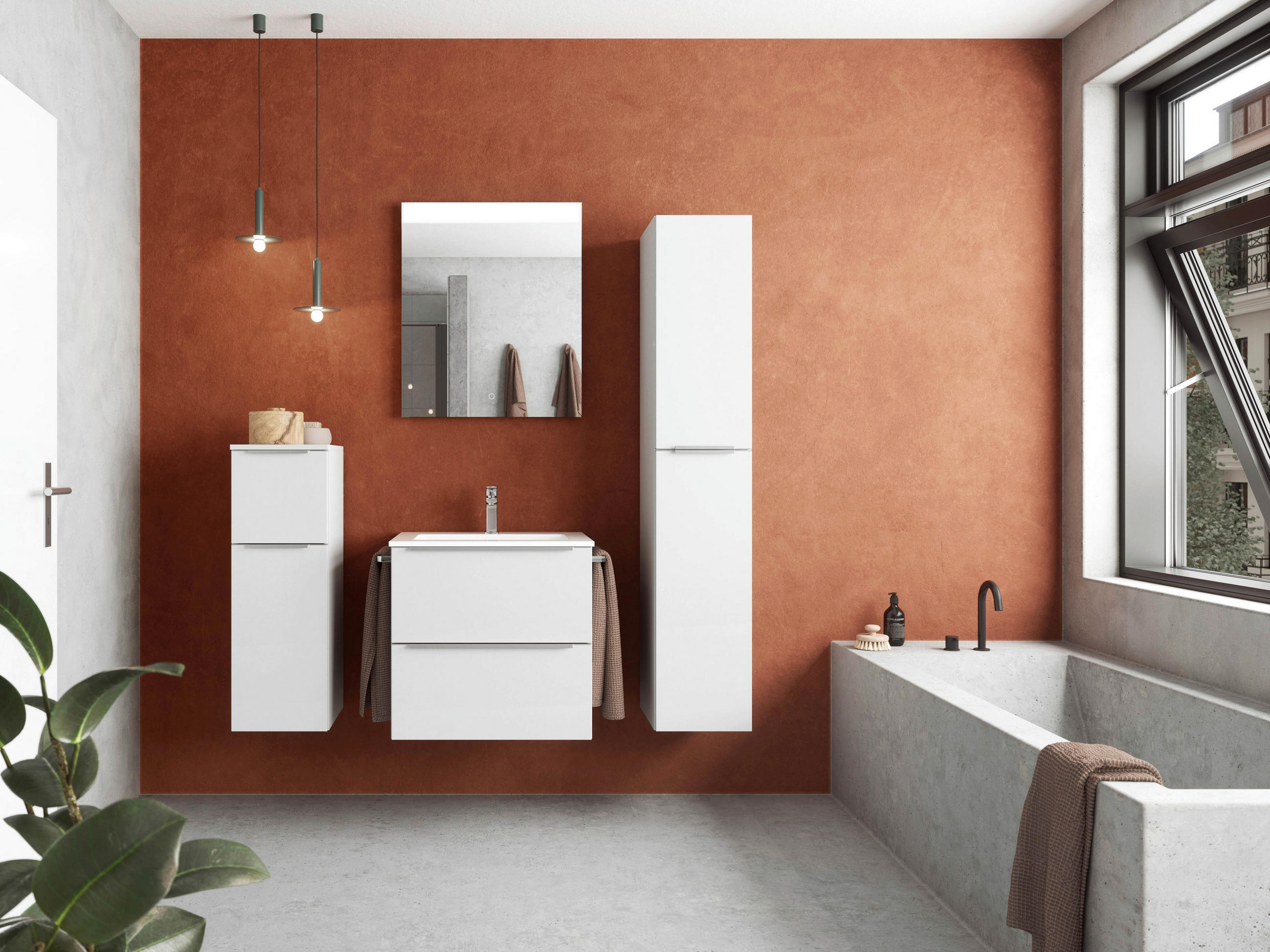 BADEZIMMER 5-teilig  in 121 cm  - Edelstahlfarben/Weiß Hochglanz, MODERN, Holzwerkstoff/Stein (121cm) - Nobilia