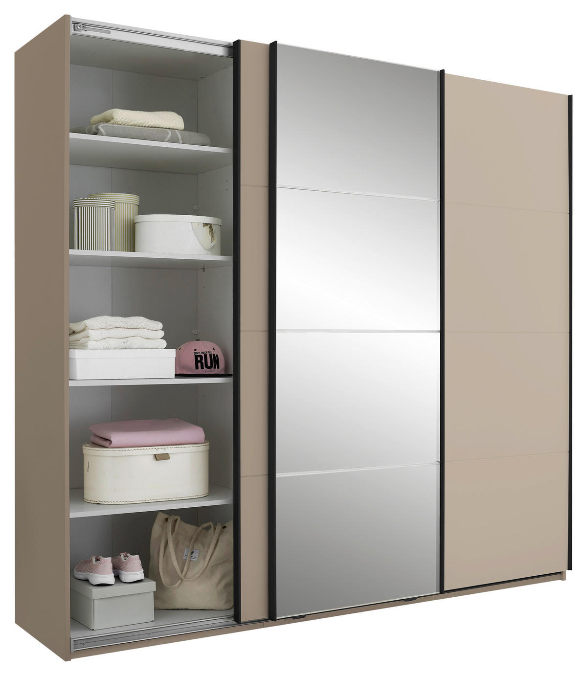 SCHWEBETÜRENSCHRANK 215/204/60 cm 3-türig Kaschmir  - Kaschmir/Schwarz, KONVENTIONELL, Glas/Holzwerkstoff (215/204/60cm) - Boxxx