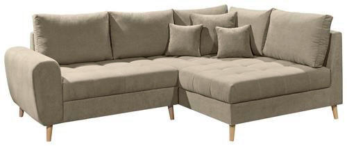 ECKSOFA in Mikrovelours Sandfarben - Sandfarben/Kieferfarben, Konventionell, Holzwerkstoff/Kunststoff (249/175cm) - MID.YOU