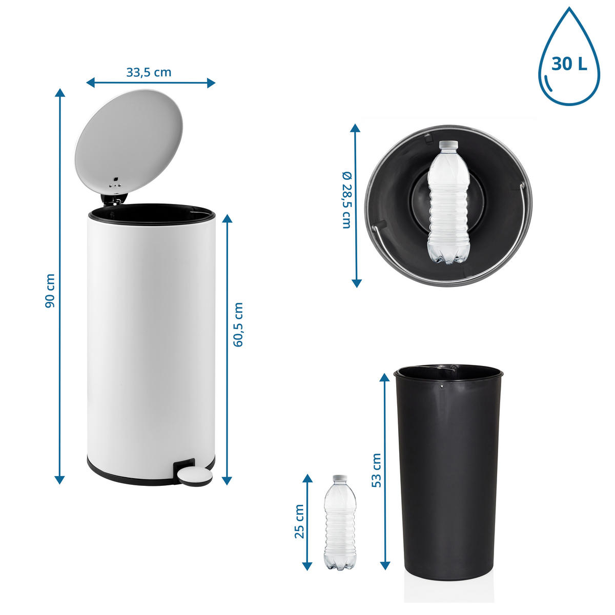 ABFALLEIMER 30 L  - Schwarz/Weiß, MODERN, Kunststoff/Metall (33,5/60,5/29cm) - MID.YOU