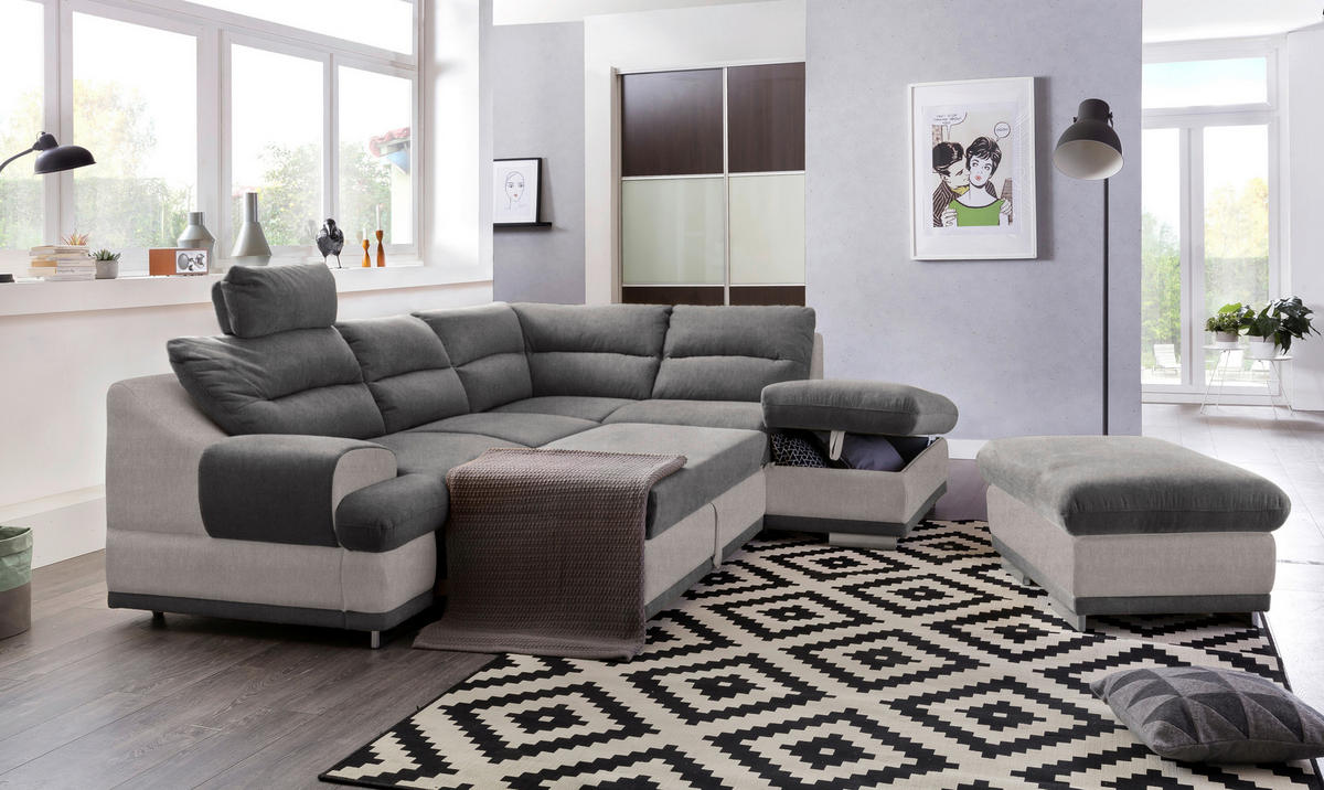 ECKSOFA Anthrazit, Hellgrau Velours  - Chromfarben/Anthrazit, KONVENTIONELL, Textil/Metall (264/217cm) - MID.YOU