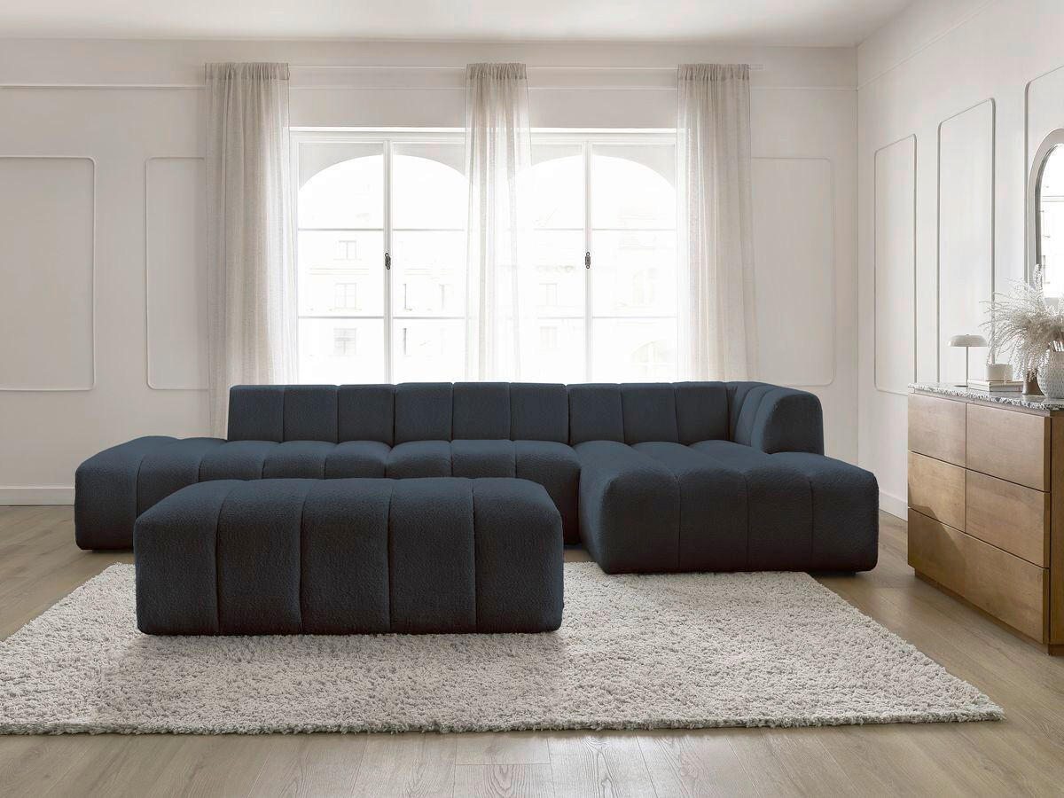 ECKSOFA Ottomane rechts  ANNECY Dunkelblau Bouclé  - Schwarz/Dunkelblau, MODERN, Kunststoff/Textil (262/170cm)