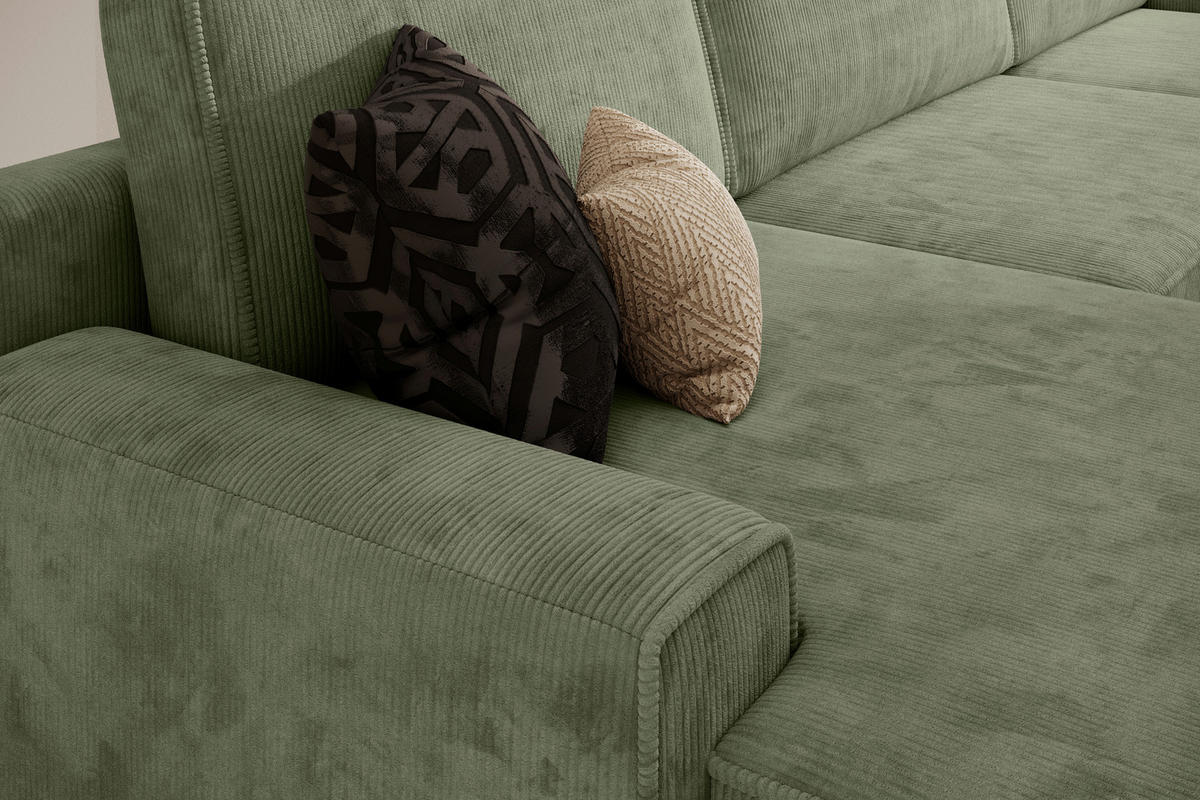 WOHNLANDSCHAFT Cord Grün  - Schwarz/Grün, Modern, Kunststoff/Textil (168/333/168cm) - Trendmanufaktur