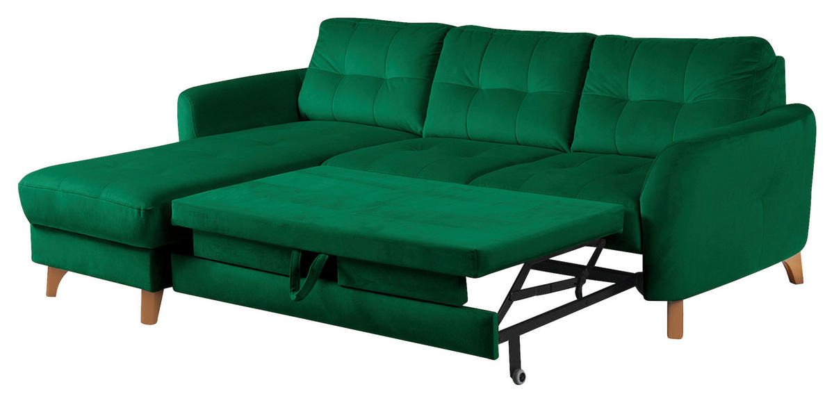 ECKSOFA Dunkelgrün Samt Bettkasten, Schlaffunktion, Liegefläche im Originalstoff  - Dunkelgrün/Buchefarben, Design, Holz/Textil (168/238cm) - Livetastic