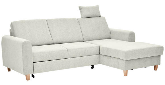 ECKSOFA Hellgrau Flachgewebe Bettkasten, Schlaffunktion, Rücken echt, Kopfstütze, Liegefläche im Originalstoff  - Buchefarben/Hellgrau, KONVENTIONELL, Holz/Textil (241/166cm) - Carryhome