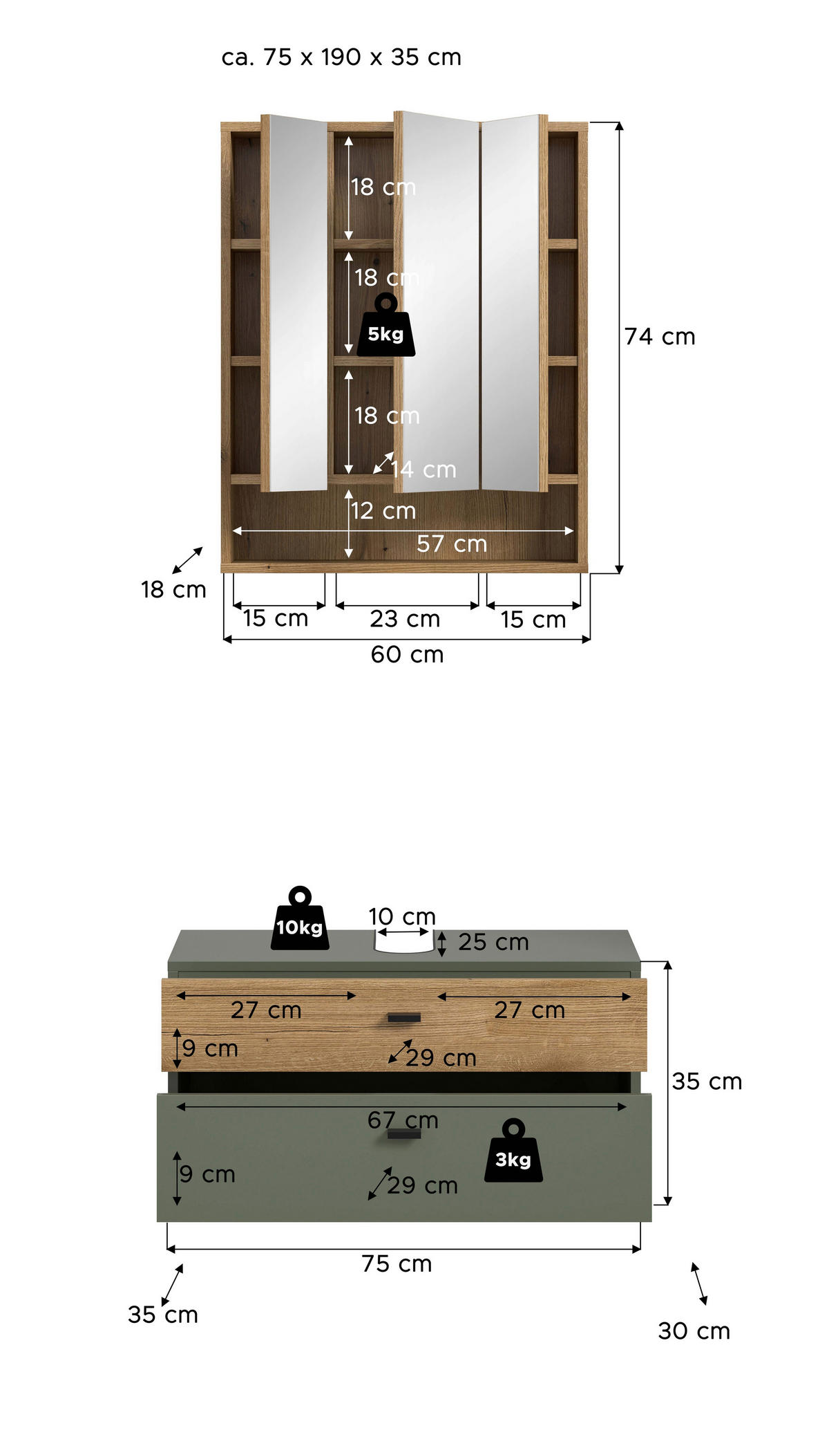 BADEZIMMER 2-teilig  in 75 cm  - Eichefarben/Schwarz, Trend, Glas/Holzwerkstoff (75cm) - MID.YOU