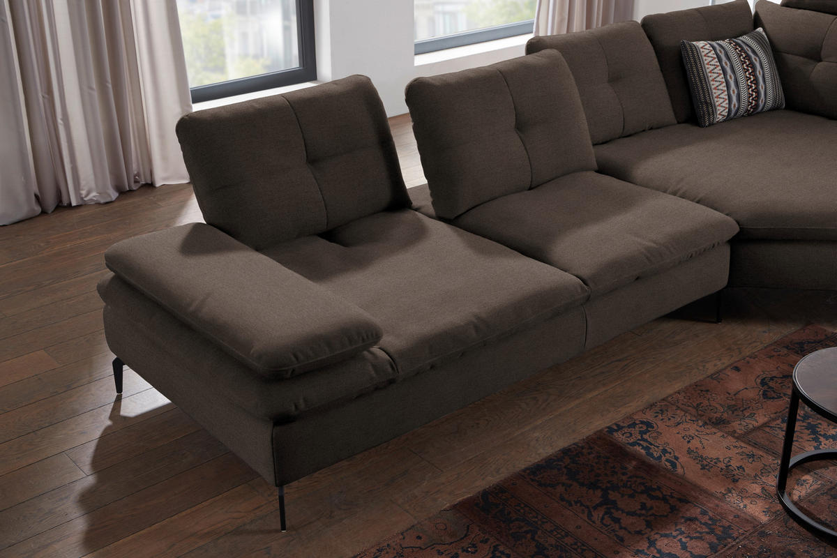 ECKSOFA in Flachgewebe Dunkelbraun  - Dunkelbraun/Schwarz, Design, Textil/Metall (344/157cm) - Chilliano