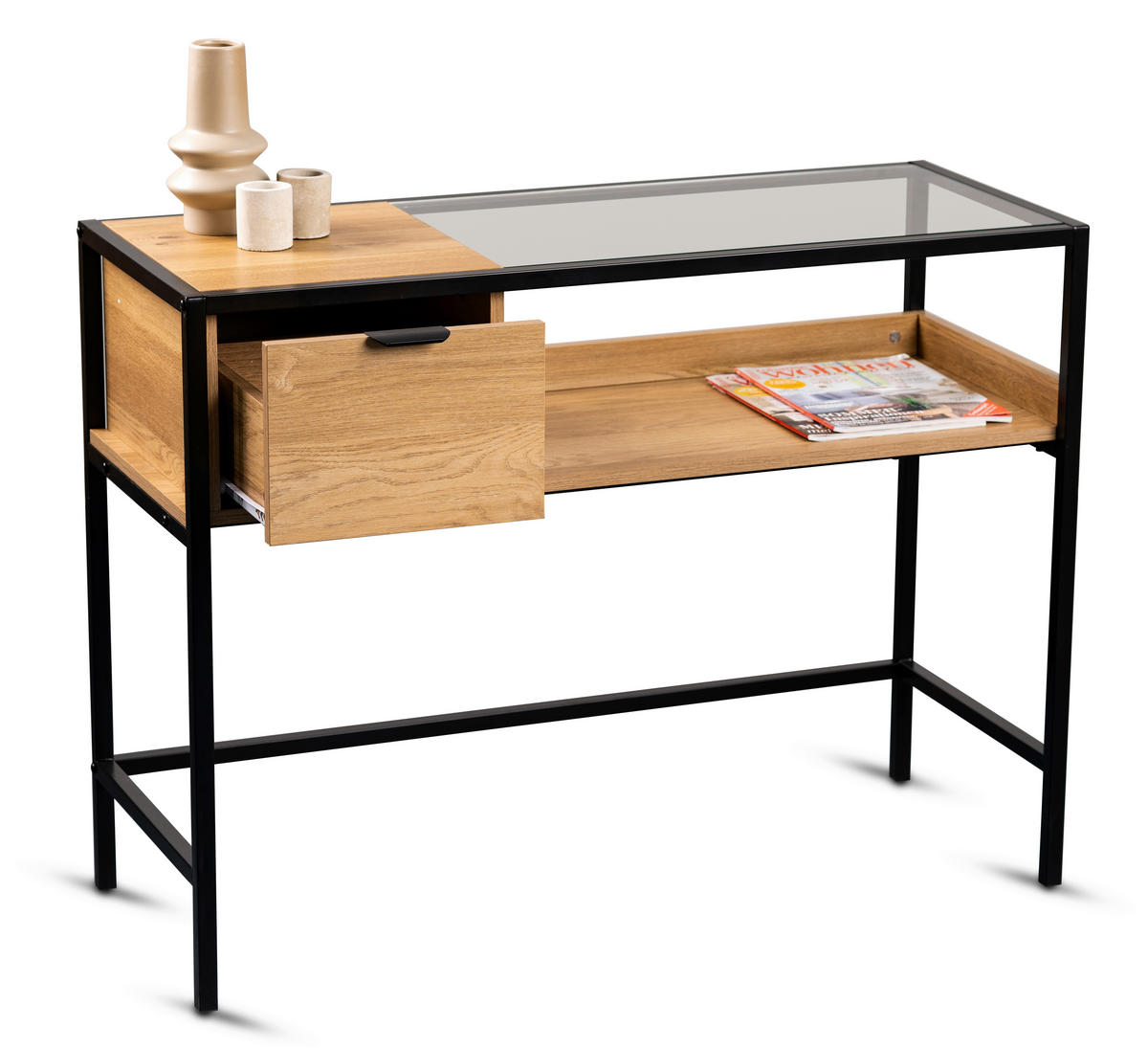 KONSOLENTISCH in Metall, Glas, Holzwerkstoff 100/40/75 cm    - Eichefarben/Schwarz, Basics, Glas/Holzwerkstoff (100/40/75cm) - Xora