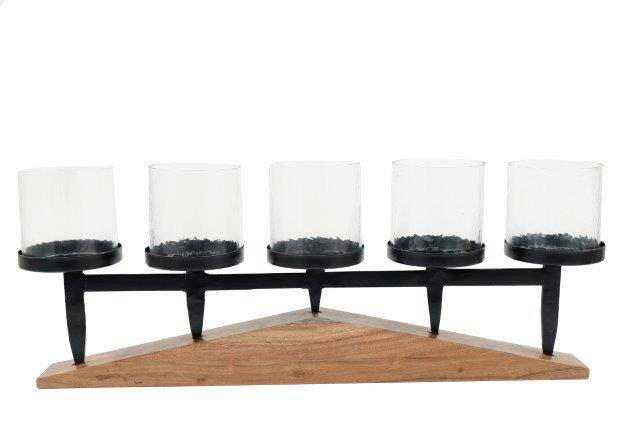 STOJAN NA SVÍČKY dřevo, kov, sklo