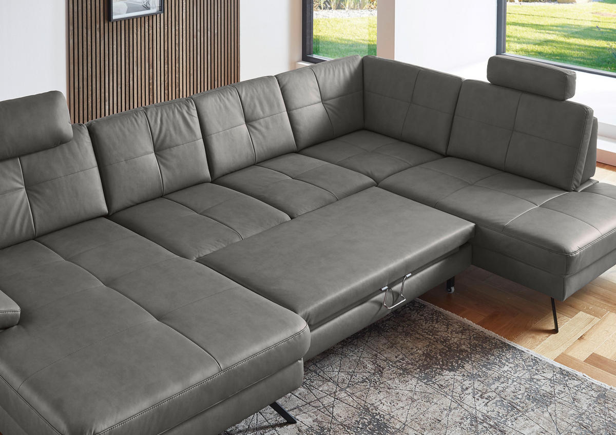WOHNLANDSCHAFT in Lederlook, Mikrofaser Dunkelgrau  - Dunkelgrau/Schwarz, Design, Textil/Metall (220/343/179cm) - Beldomo System