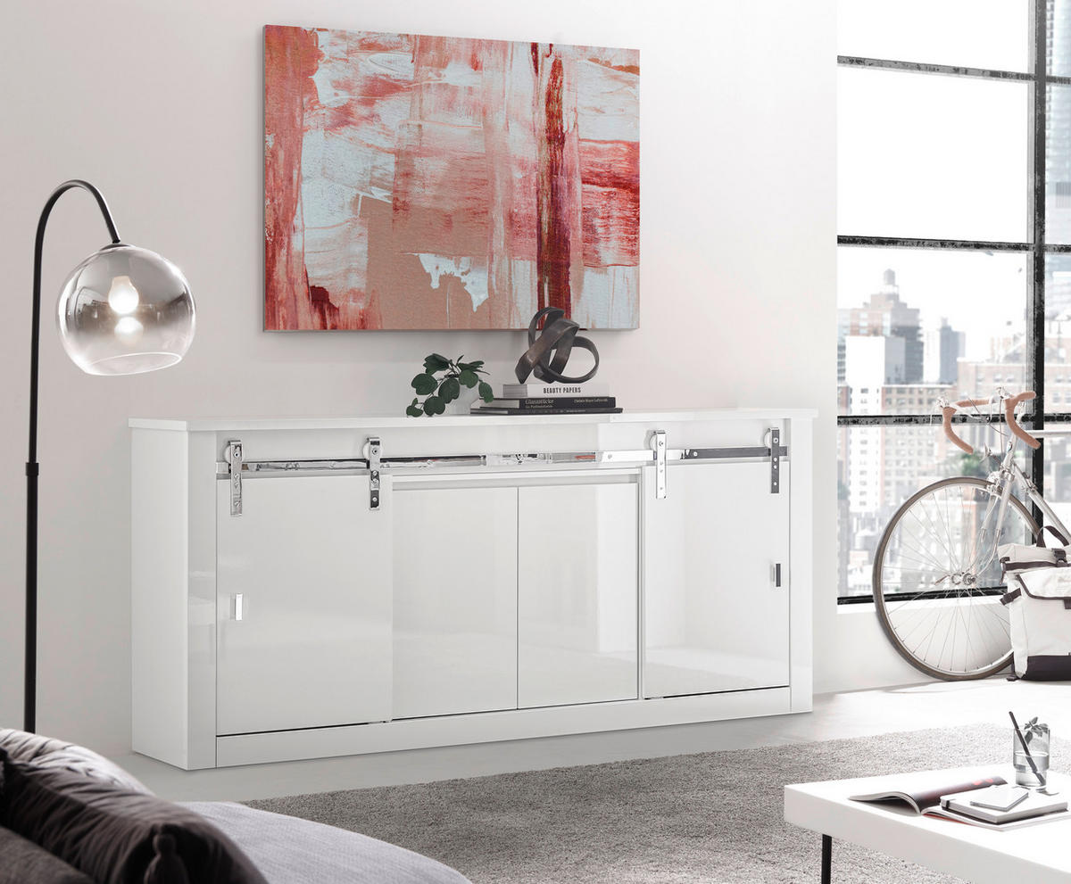 SIDEBOARD  201/91/43 cm  - Chromfarben/Weiß Hochglanz, Design, Holzwerkstoff/Metall (201/91/43cm) - Livetastic