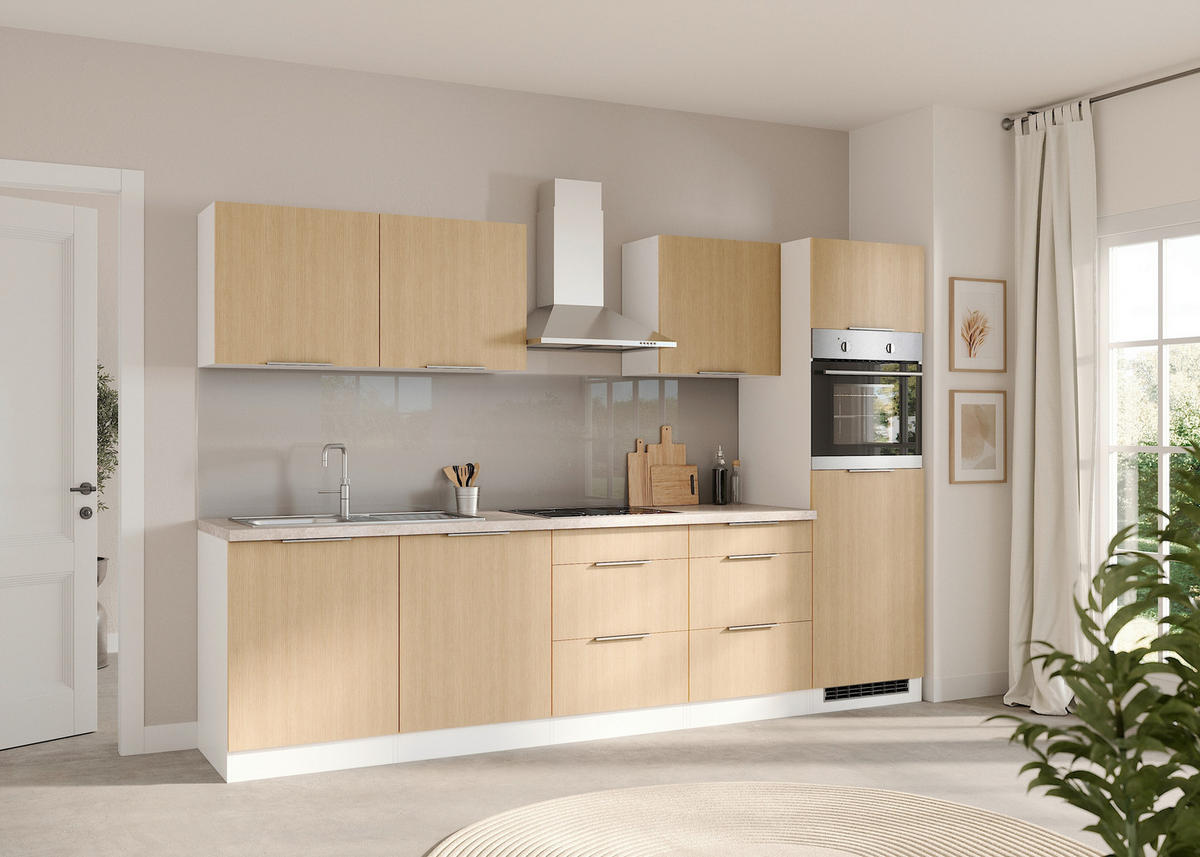 KÜCHENBLOCK 300 cm   in Weiss, Eichefarben  - Weiss/Eichefarben, Lifestyle, Holzwerkstoff/Metall (300cm) - Held
