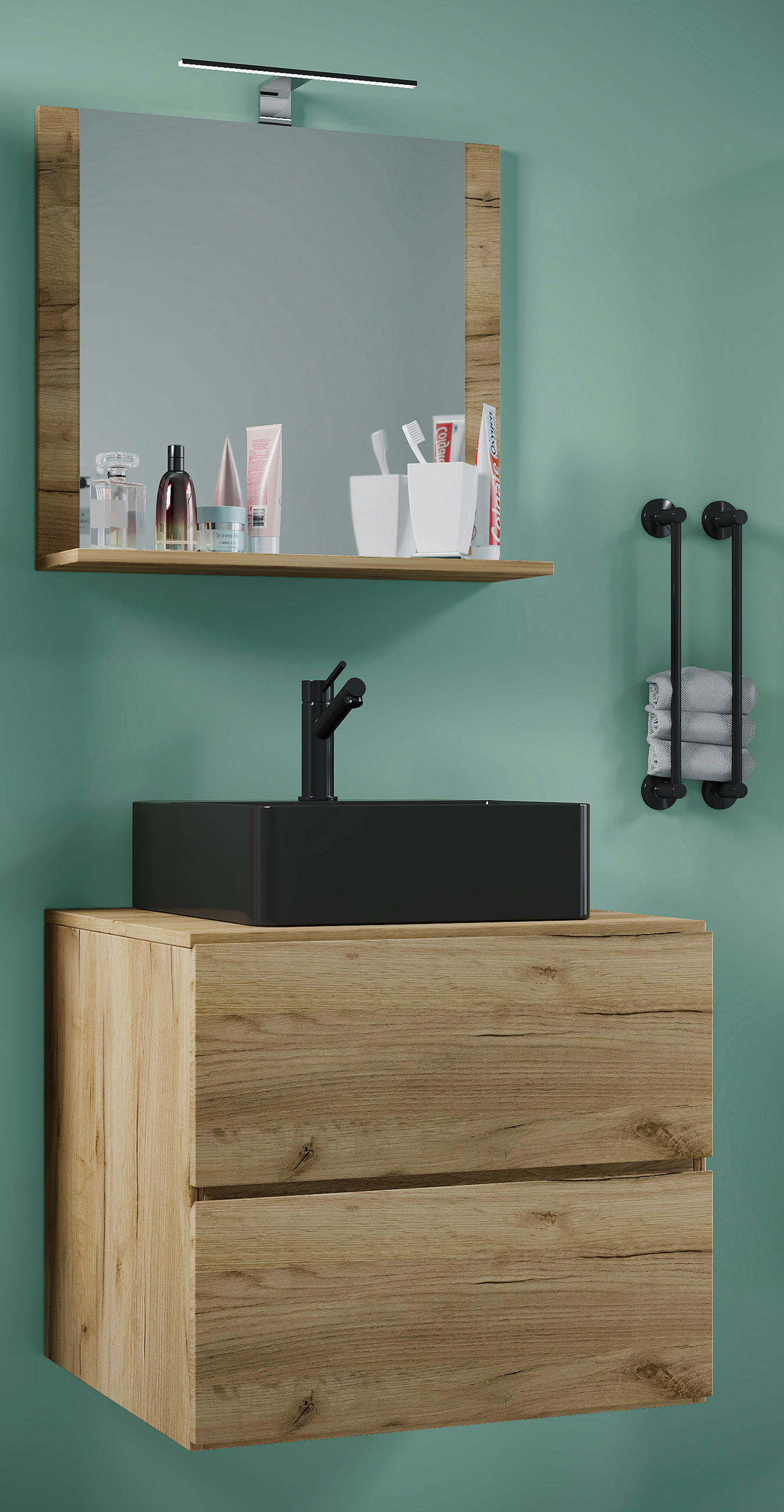 BADEZIMMER 3-teilig  in 61 cm  - Honigeiche/Schwarz, MODERN, Glas/Keramik (61cm) - MID.YOU