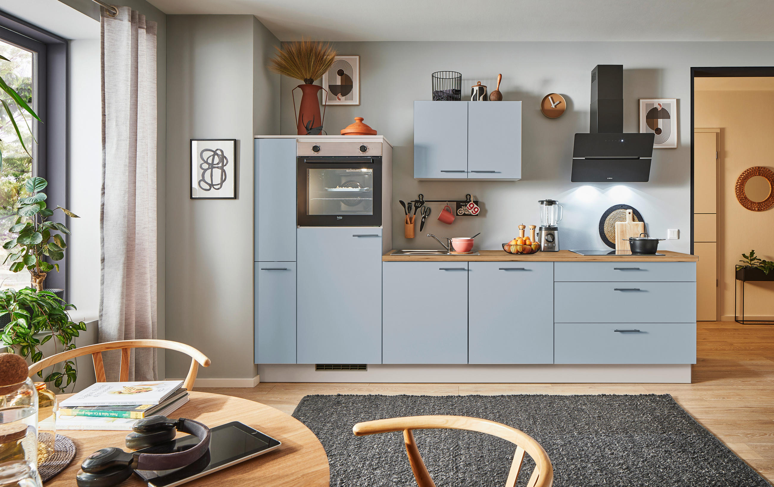 KÜCHENBLOCK PN 105 280 cm  in Eichefarben, Kaschmir, Pastellblau  - Kaschmir/Edelstahlfarben, Design, Holzwerkstoff/Metall (280cm) - Pino