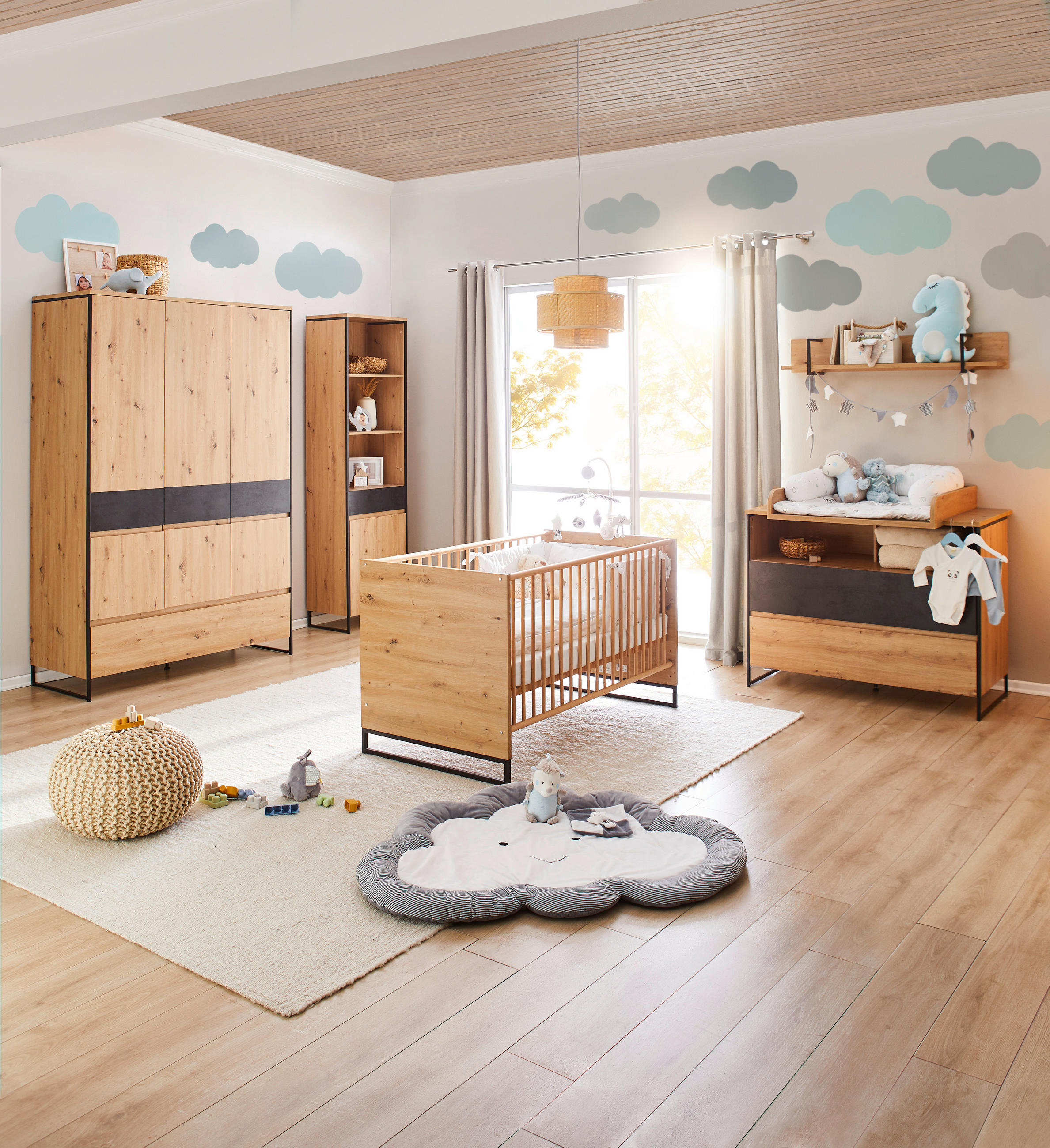 GITTERBETT Yunai 144,6/78/83,5 cm  - Eichefarben/Anthrazit, Trend, Holzwerkstoff/Metall (144,6/78/83,5cm) - My Baby Lou
