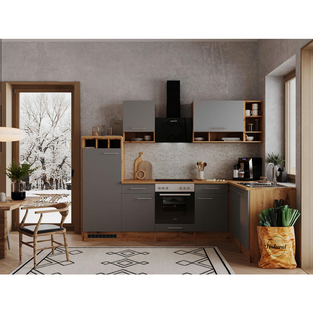 Eckküche Economy Mit Geräten 280x172cm Wildeiche Dekor/grau
