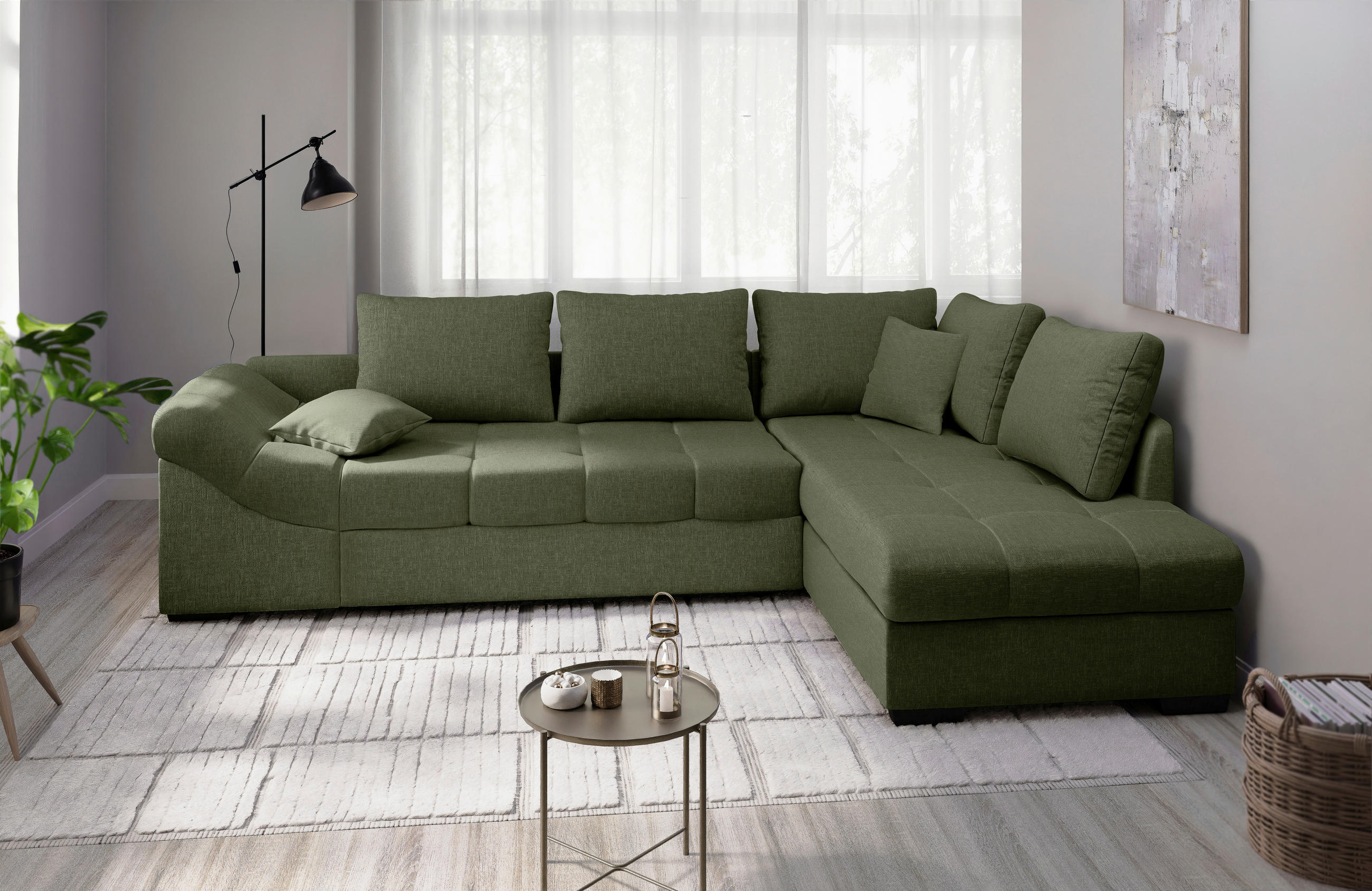 ECKSCHLAFSOFA in Grün Textil   - Schwarz/Grün, Modern, Holz/Textil (298/202cm) - MID.YOU