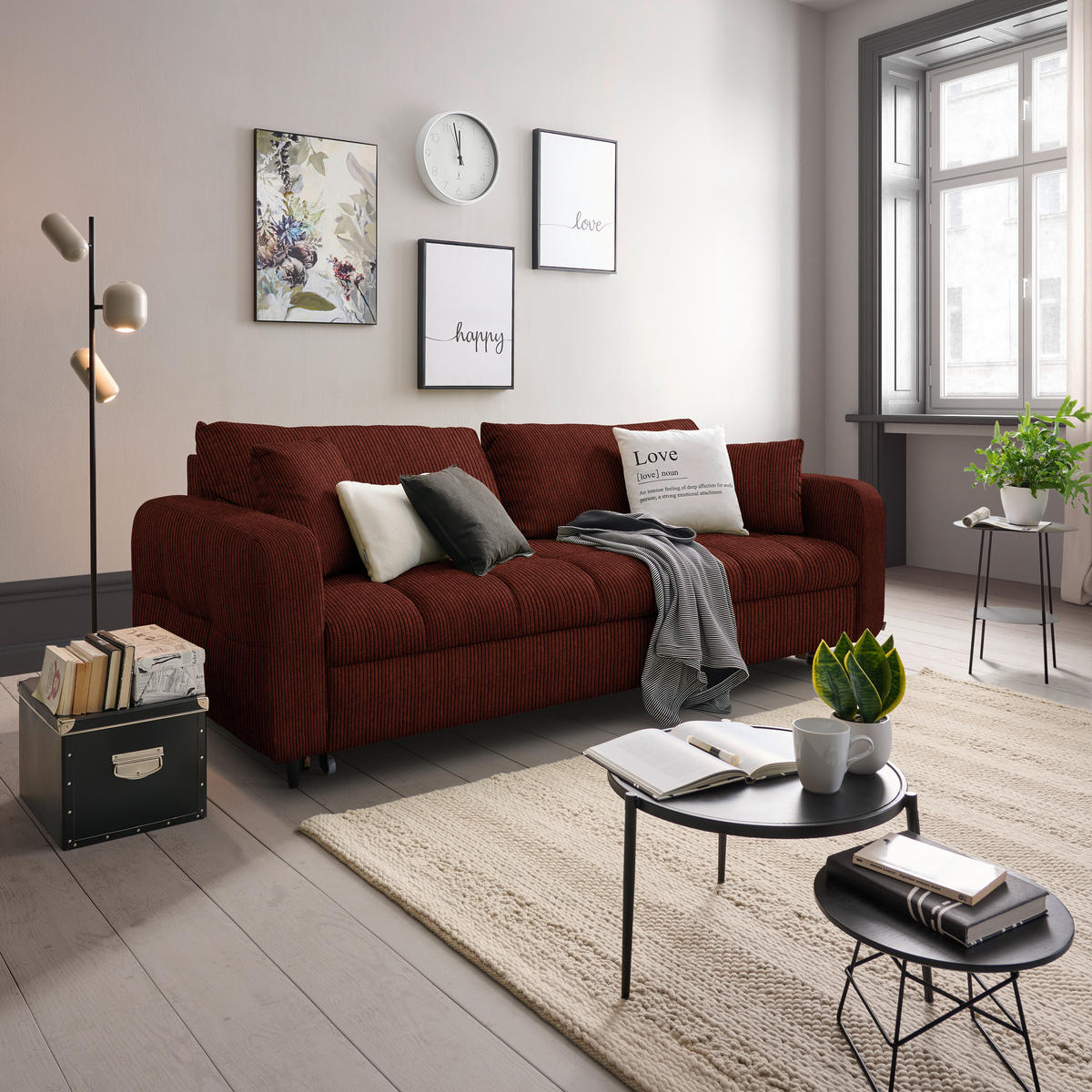 SCHLAFSOFA Cord, Velours Kupferfarben Stoffauswahl, Bettfunktion erhältlich, Rücken echt, Armteil links, Armteil rechts  - Schwarz/Kupferfarben, Design, Holz/Textil (236/88/101cm) - Lomoco
