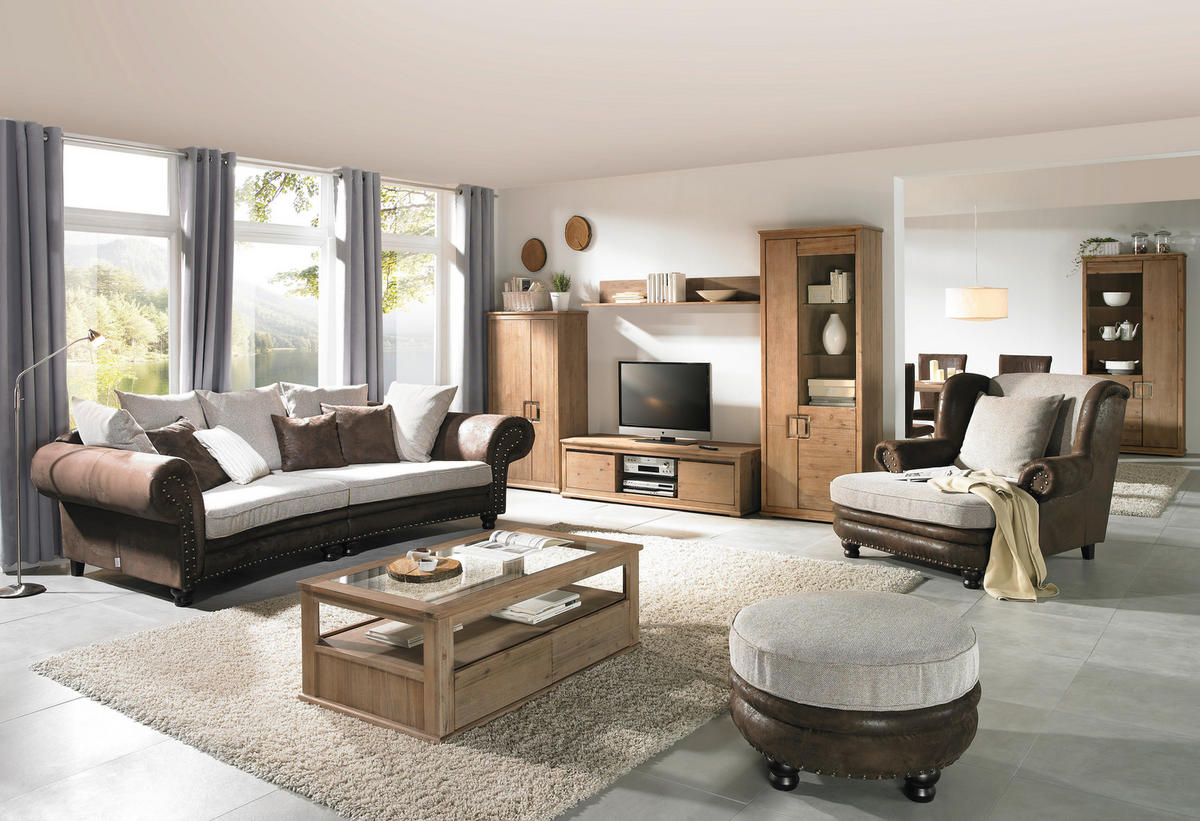 MEGASOFA in Lederlook, Webstoff Braun, Beige  - Beige/Schwarz, Romantik / Landhaus, Holz/Textil (276/81/140cm) - Landscape