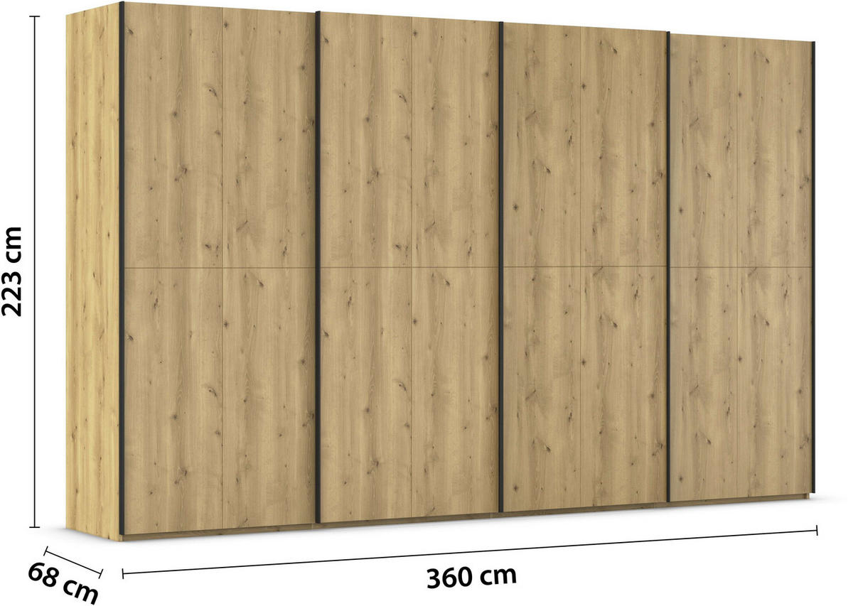 SCHWEBETÜRENSCHRANK 360/223/68 cm 4-türig Eichefarben  - Eichefarben/Schwarz, Design, Holz/Holzwerkstoff (360/223/68cm) - Novel