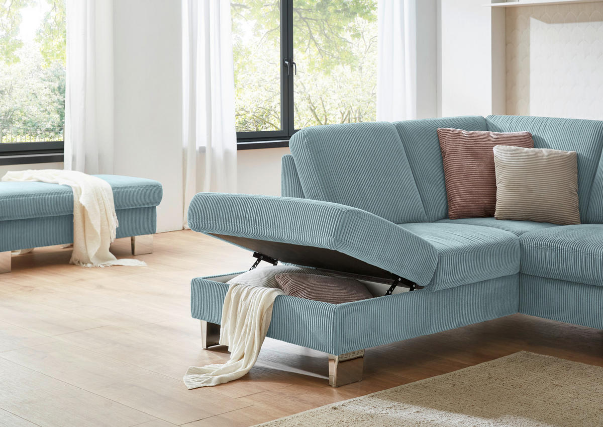 ECKSOFA in Cord Hellblau  - Edelstahlfarben/Hellblau, Konventionell, Textil/Metall (200/248cm) - Beldomo System
