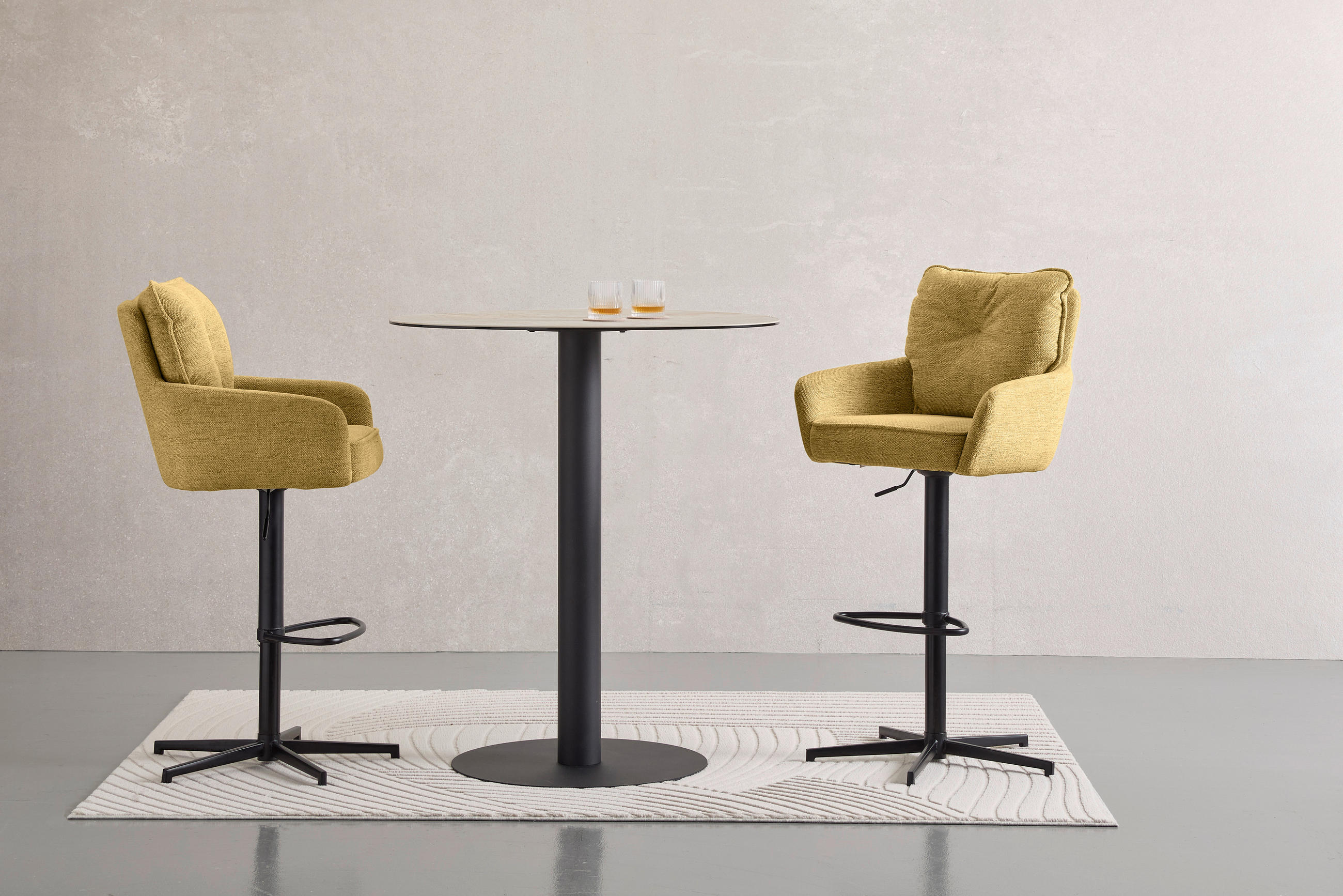 BARHOCKER Leinenoptik Gelb, Schwarz Eisen Stoffauswahl, Sitzfläche 360° drehbar  - Taupe/Gelb, Design, Textil/Metall (58/103-123/61cm) - Novel