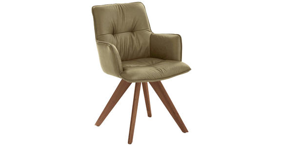 ARMLEHNSTUHL drehbar  inklusive Armlehnen, Gestellauswahl, Sitzfläche 180° drehbar, automatische Rückholfunktion  Echtleder  - Nussbaumfarben/Olivgrün, Design, Leder/Holz (59/89/63cm) - Dieter Knoll